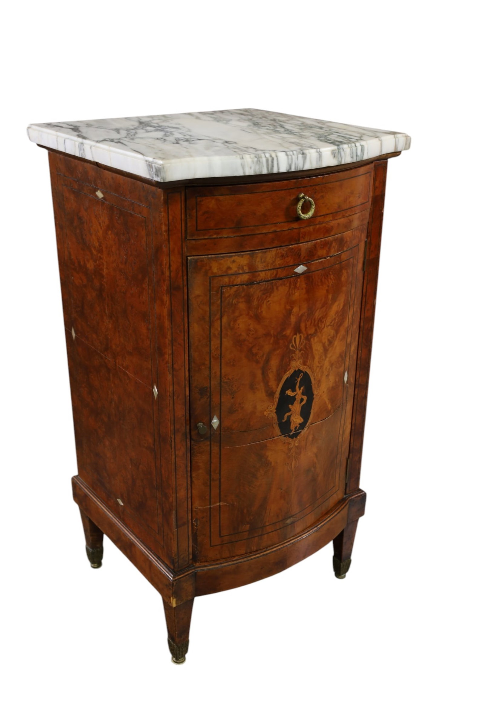 MARBLE TOP NIGHTSTAND: INLAID FRENCH STYLE MARBLE TOP NIGHTSTAND, SINGLE DOOR WITH UPPER DRAWER. AGE SPLIT TO DOOR. 18" W x 17" D x 34" H. THIS ITEM EXCEEDS SIZE, WEIGHT, AND OR FRAGILITY LIMITATIONS FOR IN HOUSE SHIPPING,