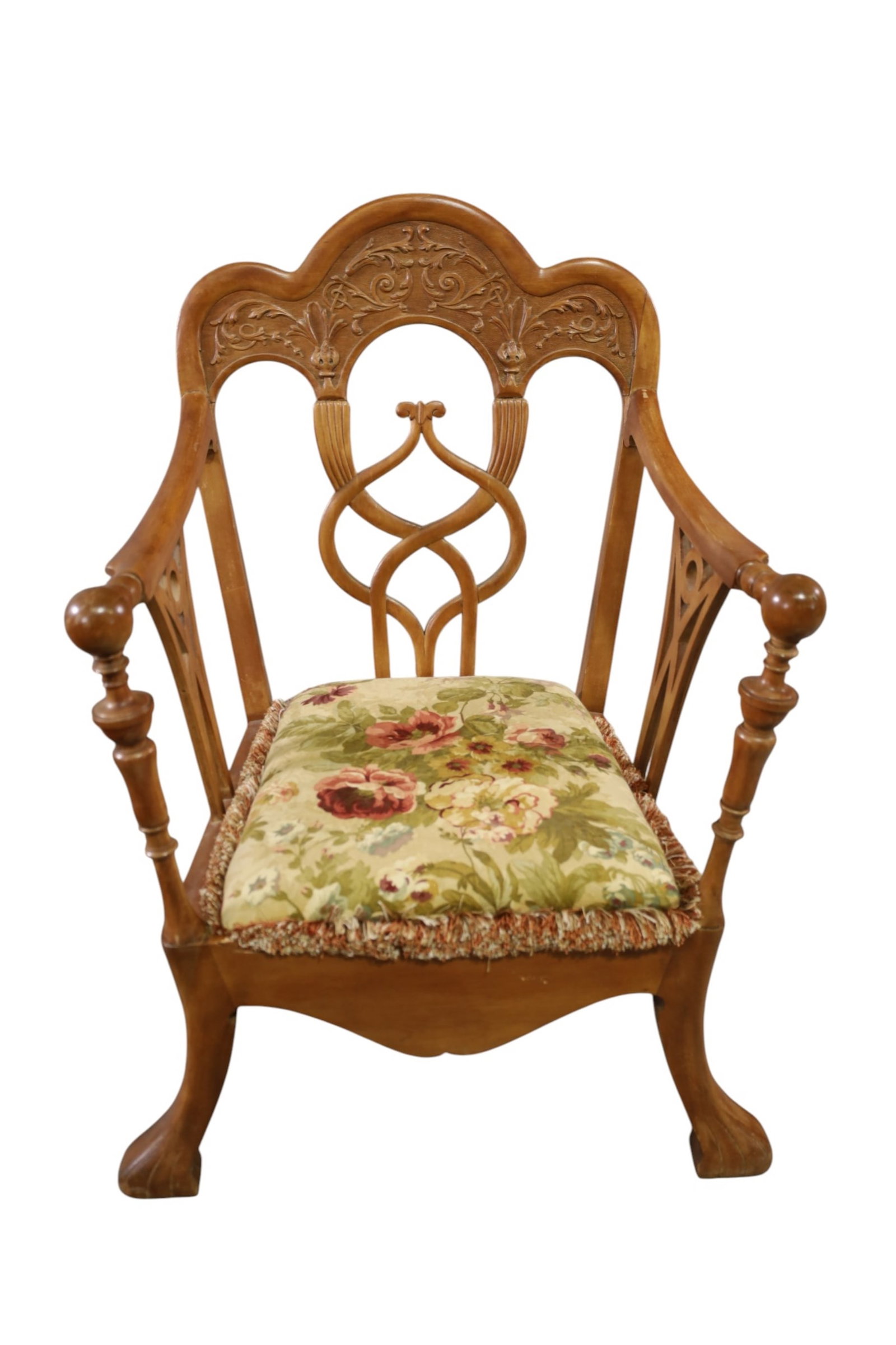 ANTIQUE CARVED ARMCHAIR: HIGHLY CARVED ARMCHAIR, FLORAL UPHOLSTERY, WEAR TO FINISH. 24" W x 24" D x 34" H. THIS ITEM EXCEEDS SIZE, WEIGHT, AND OR FRAGILITY LIMITATIONS FOR IN HOUSE SHIPPING, MUST BE PICKED UP IN HOUSE OR