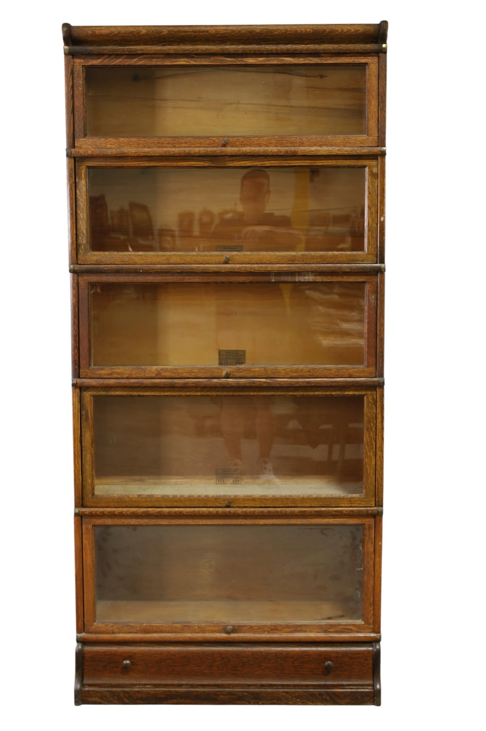 OAK LAWYER'S 5 STACK BOOKCASE: GLOBE WERNICKE OAK LAWYER'S STACKING BOOKCASE, LOWER DRAWER, WEAR TO FINISH. 34" W x 12" D x 73 1/2" H. THIS ITEM EXCEEDS SIZE, WEIGHT, AND OR FRAGILITY LIMITATIONS FOR IN HOUSE SHIPPING, MUST BE