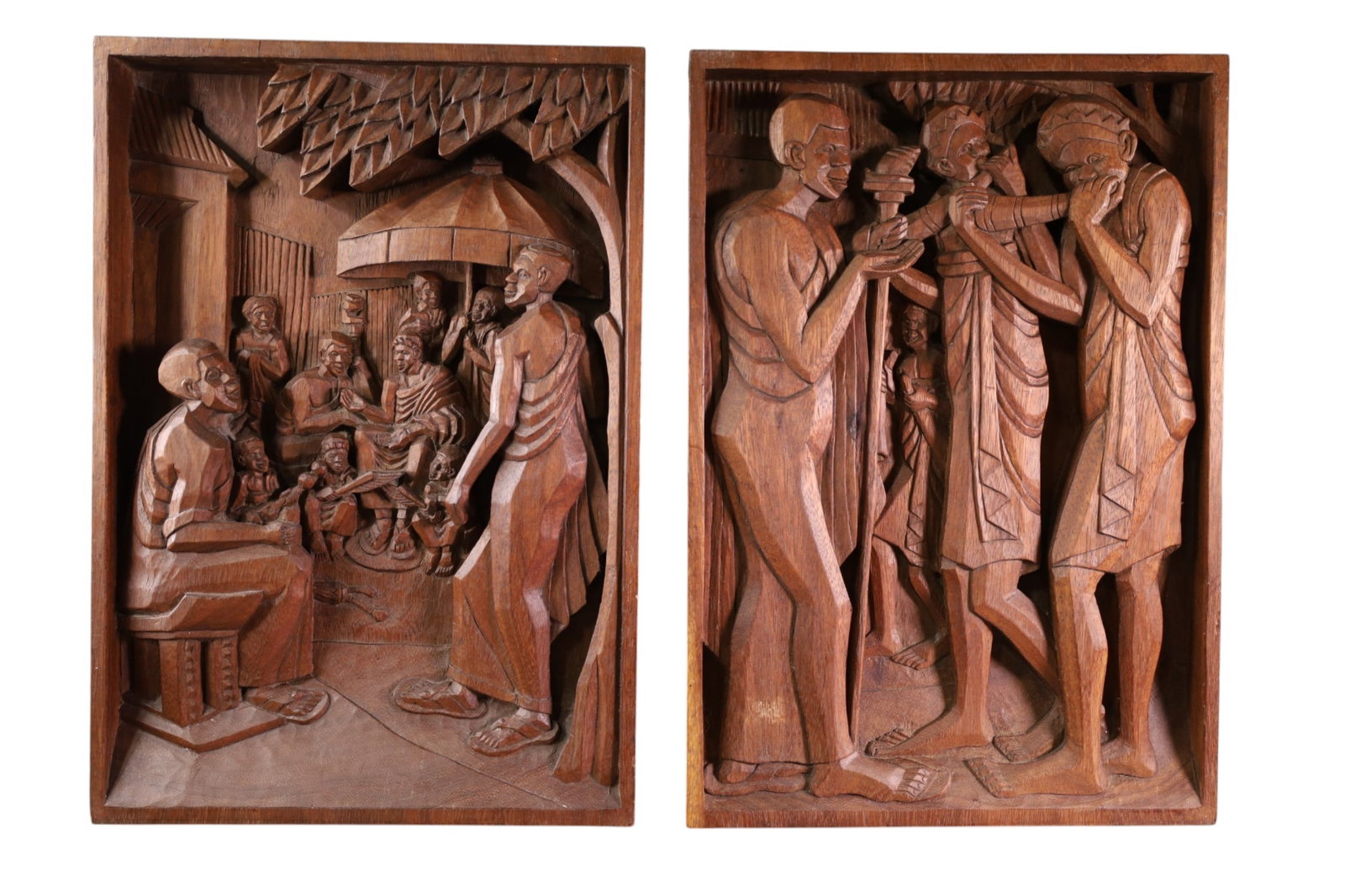 2 CARVED WOOD PANELS: 2 CARVED AFRICAN WOOD PANELS. KOFI ANTUBAM, FIGURAL CARVED PANELS. 15" x 22"