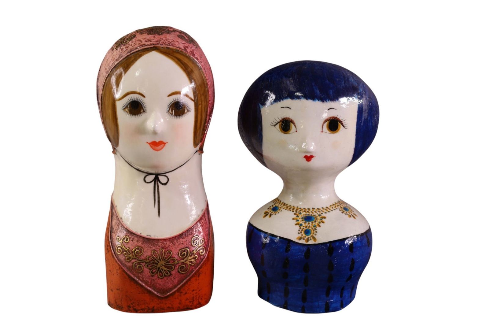 2 PAPIER MACHE BUSTS: 2 MEXICAN PAPIER MACHE BUSTS, ONE IS SIGNED GEMMA TACCOGNA. 9" & 8"