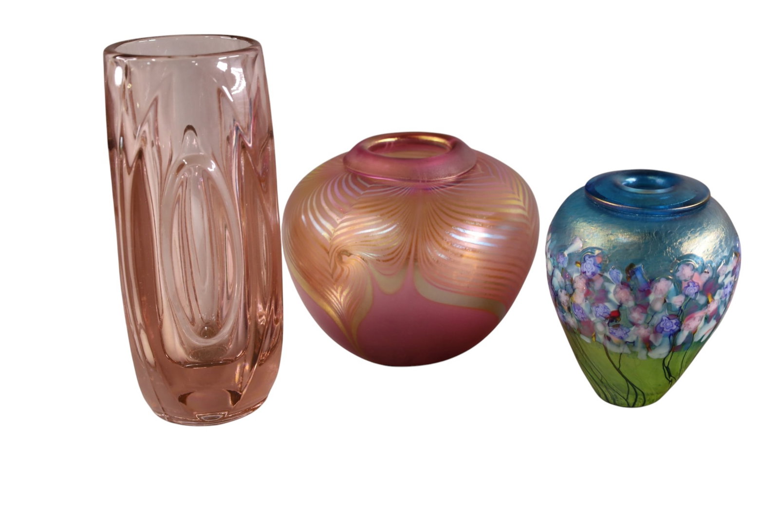 3 PIECES OF ART GLASS: ROBERT HELD FLORAL VASE, & 2 VASES. 5" - 8" H.