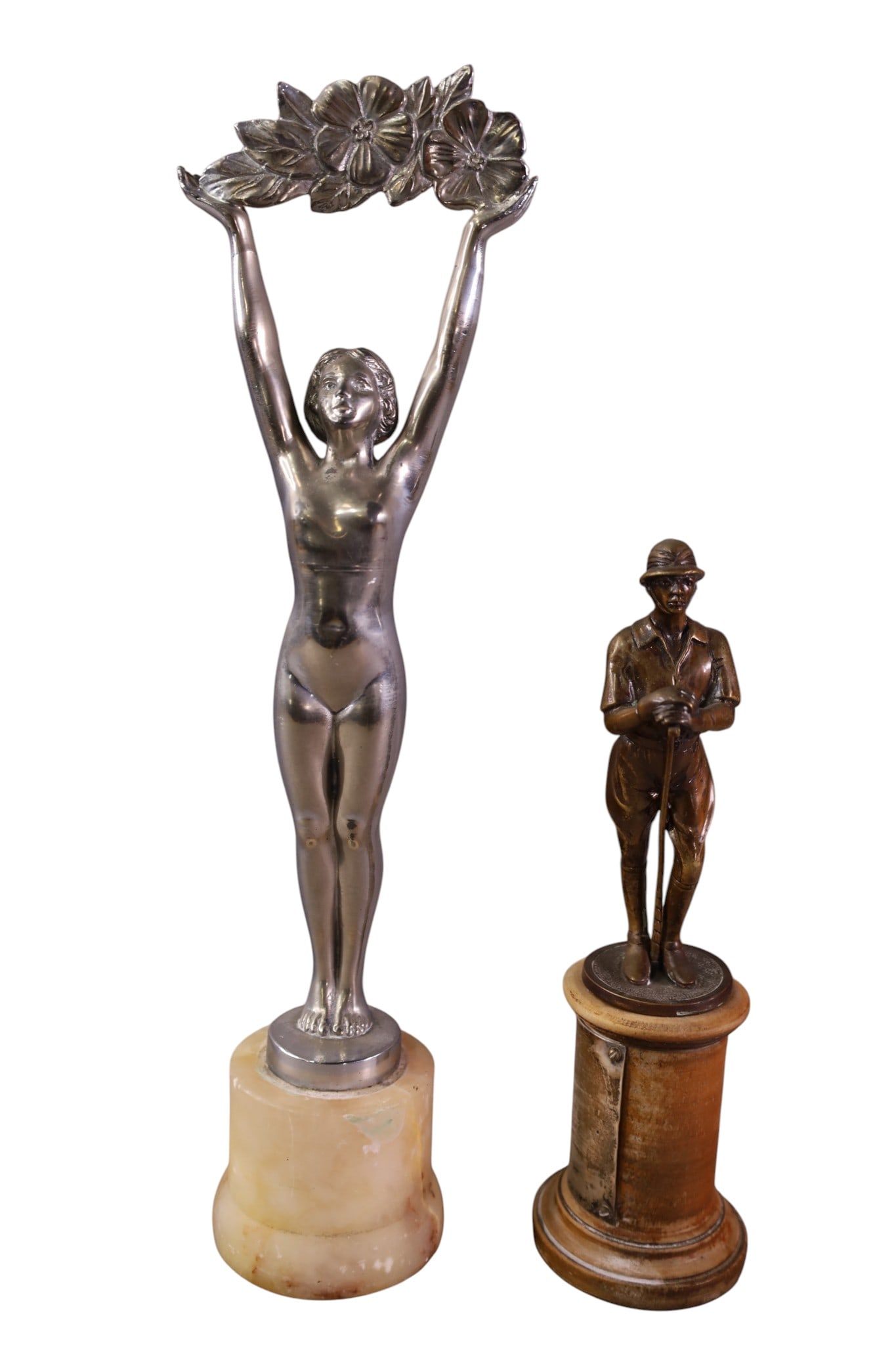 2 CABINET FIGURES: ART DECO NUDE LADY ON MARBLE BASE & POLO PLAYER FIGURE ON WOODEN BASE, 8" - 12" H.