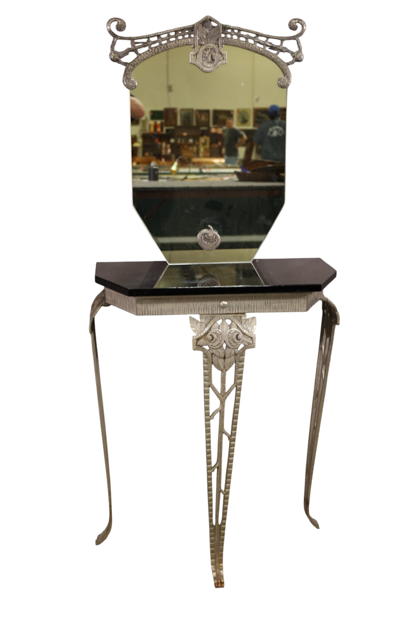 1920'S ART DECO CONSOLE & MIRROR: ART DECO CONSOLE AND MIRROR, MARBLE TOP. WITH HANGING MIRROR. 24" W x 11 1/2" D x 31" H. & 19 1/2" x 24" ALL CLOCKS ARE SOLD AS IS WE DO NOT GUARANTEE WORKING ORDER. THIS ITEM EXCEEDS SIZE, WEIGHT, AN