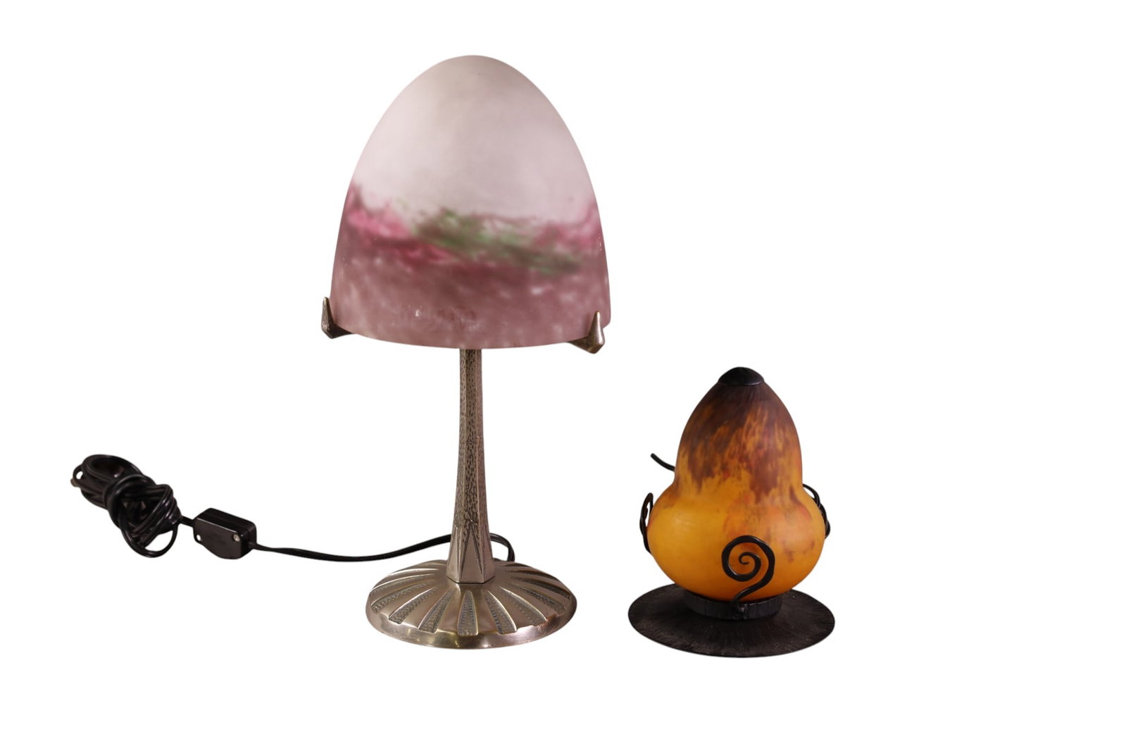2 ART GLASS LAMPS: DECO SILVER BASE WITH SIGNED MULLER FRES ART GLASS SHADE & SMALL ART GLASS TABLE LAMP. NO PLUG. 6" - 12" H.