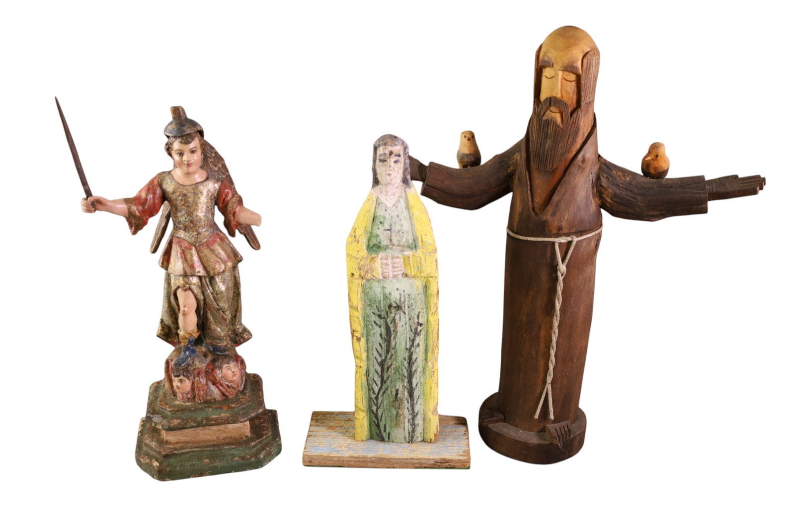 3 SANTO FIGURES: 3 CARVED WOODEN SANTO FIGURES. ANGEL HAS GLASS EYES. 15 1/2" - 19 1/2" H.