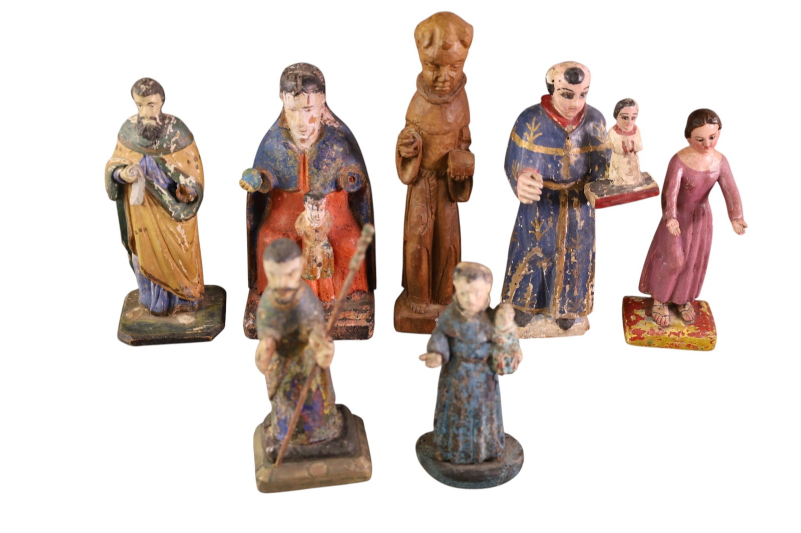 7 SANTO FIGURES: POLYCHROME PAINTED SANTO FIGURES, 7" - 11" H.