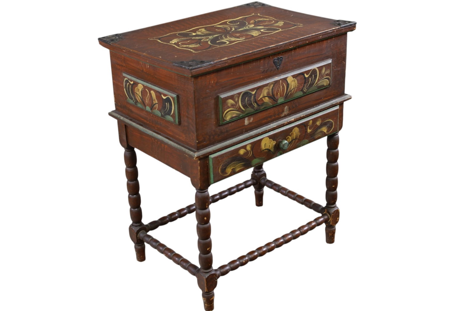 ANTIQUE PAINTED FLIP TOP STAND: PENNSYLVANIA DUTCH STYLE PAINTED FINISH, PRIMITIVE STAND. WEAR TO FINISH. 20" W x 14" D x 24" H. THIS ITEM EXCEEDS SIZE, WEIGHT, AND OR FRAGILITY LIMITATIONS FOR IN HOUSE SHIPPING, MUST BE PICKED UP