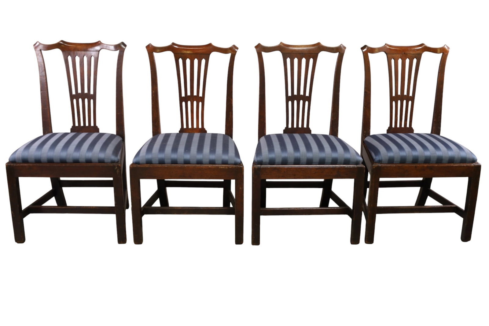SET OF 4 1800'S MAHOGANY DINING CHAIRS: SET OF 4 MAHOGANY DINING CHAIRS, BLUE STRIPED UPHOLSTERY SEATS, WEAR TO FINISH. 22" W X 17" D x 38 1/2" H. THIS ITEM EXCEEDS SIZE, WEIGHT, AND OR FRAGILITY LIMITATIONS FOR IN HOUSE SHIPPING, MUST BE