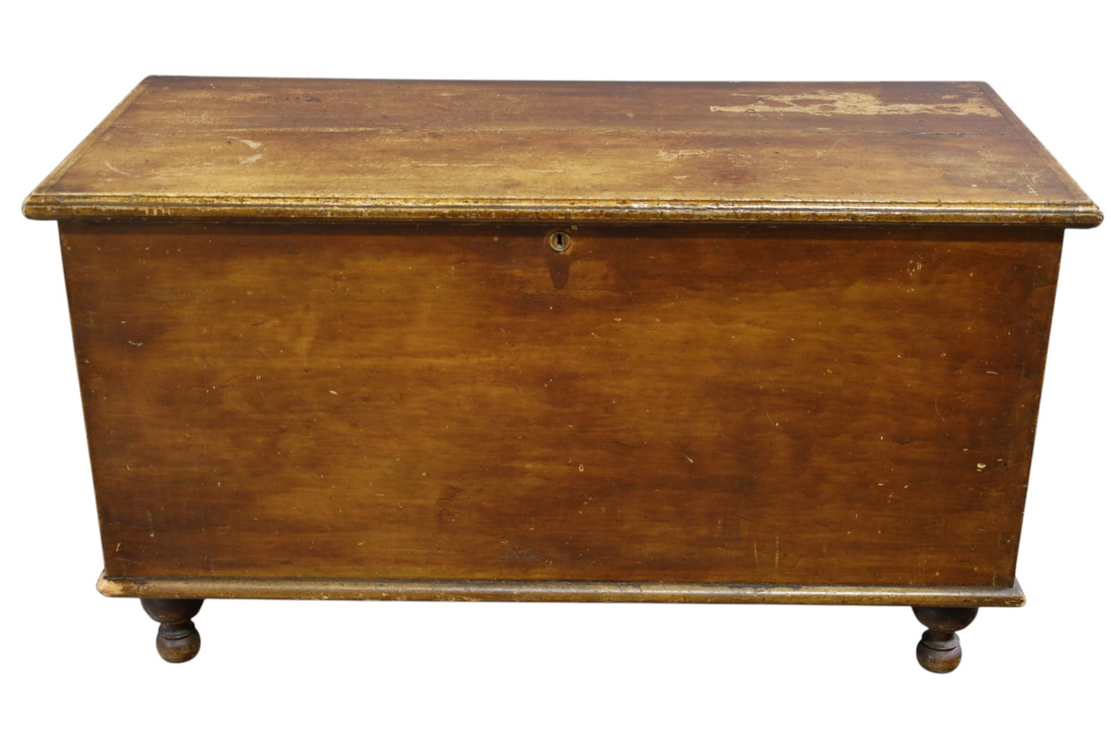 1800'S BLANKET CHEST: FINISH LOSS. 44" W x 20" D x 24 1/2" H. DOG CHEW TO CORNER. THIS ITEM EXCEEDS SIZE, WEIGHT, AND OR FRAGILITY LIMITATIONS FOR IN HOUSE SHIPPING, MUST BE PICKED UP IN HOUSE OR SHIPPED VIA 3RD PARTY
