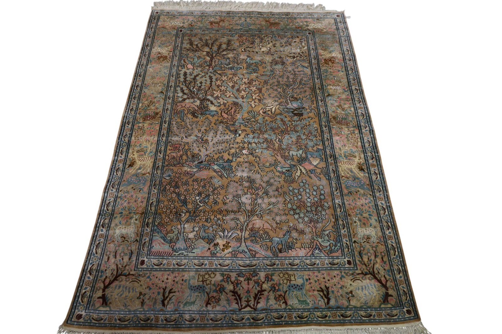 APPROX 5' 11" x 3' 11" HANDMADE SILK RUG: SILK PICTORAL RUG, MINOR LOOSE FRINGE AND LOOSE PILE.