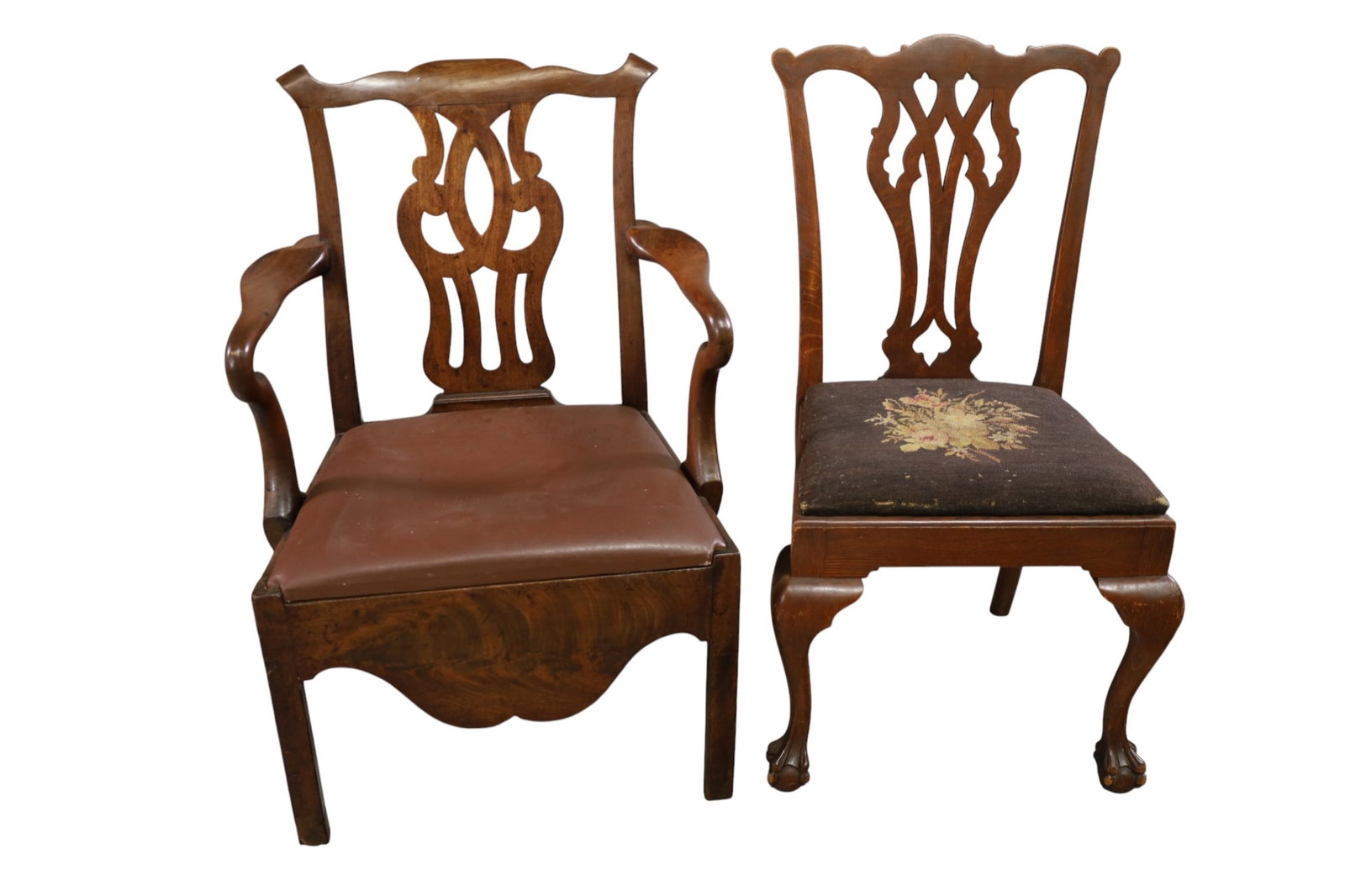 2 ANTIQUE CHAIRS: CHIPPENDALE STYLE SHEPHERD'S CROOK ARMCHIAR & CHIPPENDALE STYLE SIDE CHAIR, WEAR TO FINISH. 25" W x 23" D x 37" H. THIS ITEM EXCEEDS SIZE, WEIGHT, AND OR FRAGILITY LIMITATIONS FOR IN HOUSE SHIPPING, M