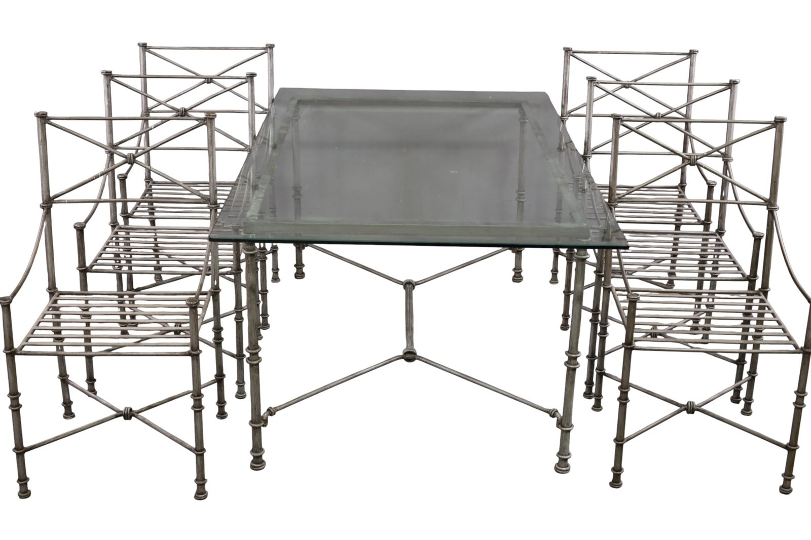 LARGE PATIO TABLE & 6 CHAIRS: LARGE GLASS TOP PATIO TABLE AND 6 ARMCHAIRS, IN THE STYLE OF GIACOMETTI, TABLE, 72" W x 42" D x 30" H. & CHAIRS, 20" W x 18" D x 38" H. THIS ITEM EXCEEDS SIZE, WEIGHT, AND OR FRAGILITY LIMITATIONS