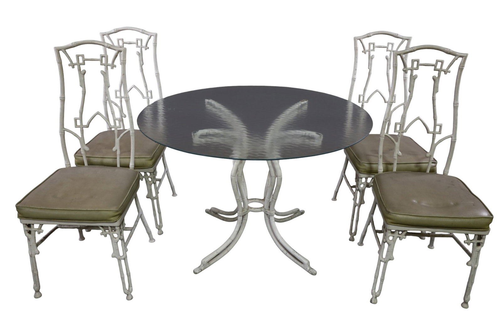 PATIO TABLE & 4 CHAIRS: PAINTED FINISH, FAUX BAMBOO STYLE PATIO SET, GLASS TOP, PAINT LOSS. 42" DIAM x 28" H. & 16" W X 17" D x 40" H. THIS ITEM EXCEEDS SIZE, WEIGHT, AND OR FRAGILITY LIMITATIONS FOR IN HOUSE SHIPPING, MUST