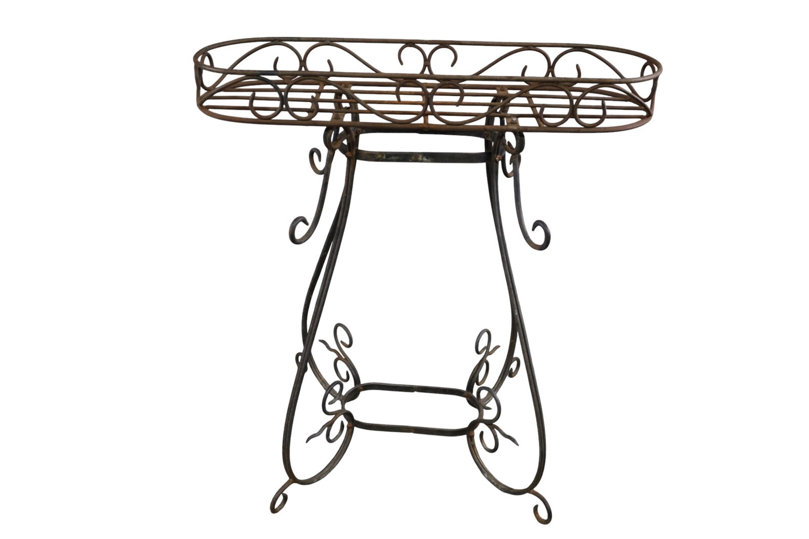 IRON PLANTER: DECORATIVE IRON PLANTER, SOME RUST. 32" W x 10" D x 33" H. THIS ITEM EXCEEDS SIZE, WEIGHT, AND OR FRAGILITY LIMITATIONS FOR IN HOUSE SHIPPING, MUST BE PICKED UP IN HOUSE OR SHIPPED VIA 3RD PARTY
