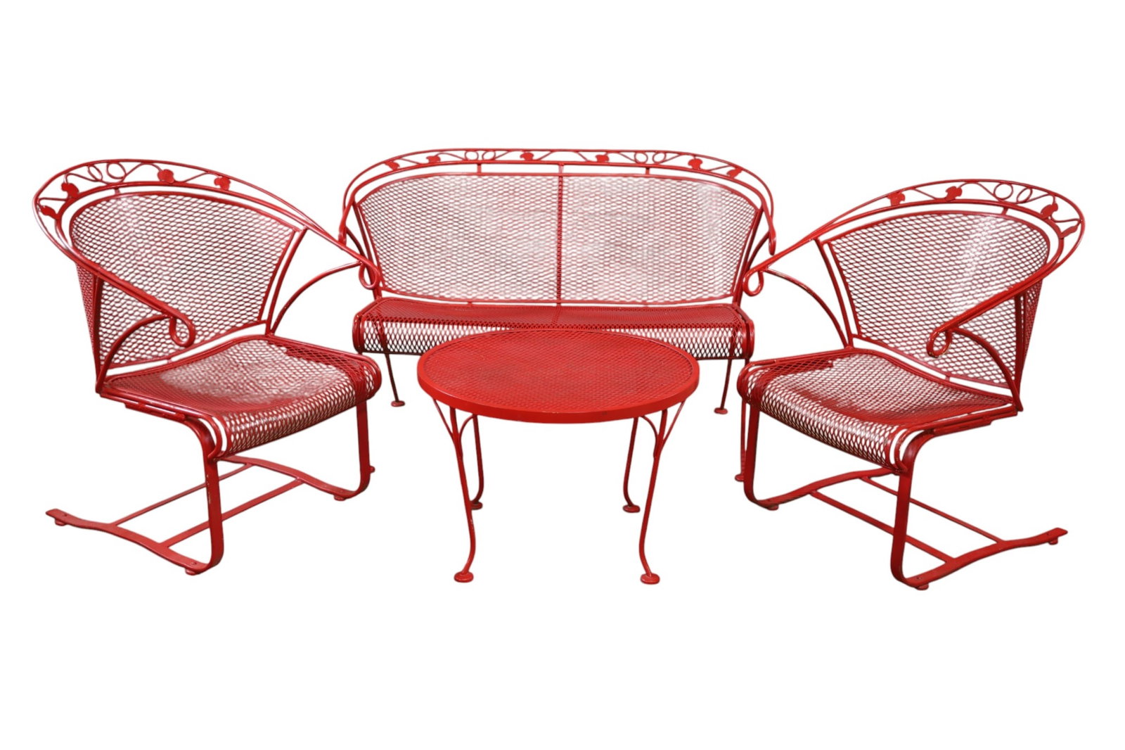 4 PIECE IRON PATIO SET: SETTEE, TWO CHAIRS & TABLE, PAINTED RED PATIO SET. SOME PAINT LOSS. 46" W x 28" D x 30" H. & 25 W x 24" D x 32" H. & 24" DIAM x 17" H. THIS ITEM EXCEEDS SIZE, WEIGHT, AND OR FRAGILITY LIMITATIONS FOR
