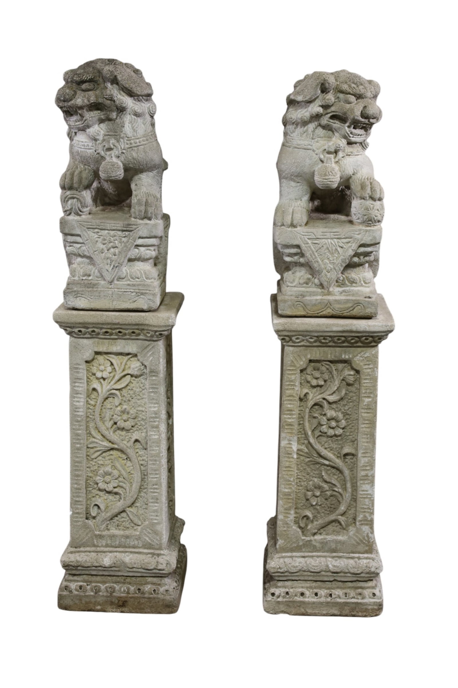 PAIR OF SCULPTED STONE FOO DOGS: ON CONCRETE COLUMNS. FOO DOG FIGURES. SOME CHIPS. 41" H. THIS ITEM EXCEEDS SIZE, WEIGHT, AND OR FRAGILITY LIMITATIONS FOR IN HOUSE SHIPPING, MUST BE PICKED UP IN HOUSE OR SHIPPED VIA 3RD PARTY