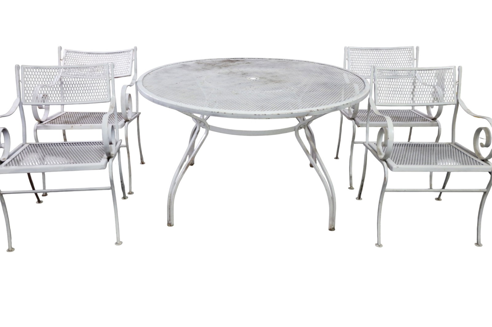 IRON PATIO TABLE & CHAIRS: VINTAGE PAINTED FINISH PATIO TABLE & 4 CHAIRS. 47" DIAM x 27" H. & 20" W x 21" D x 30" H. THIS ITEM EXCEEDS SIZE, WEIGHT, AND OR FRAGILITY LIMITATIONS FOR IN HOUSE SHIPPING, MUST BE PICKED UP IN