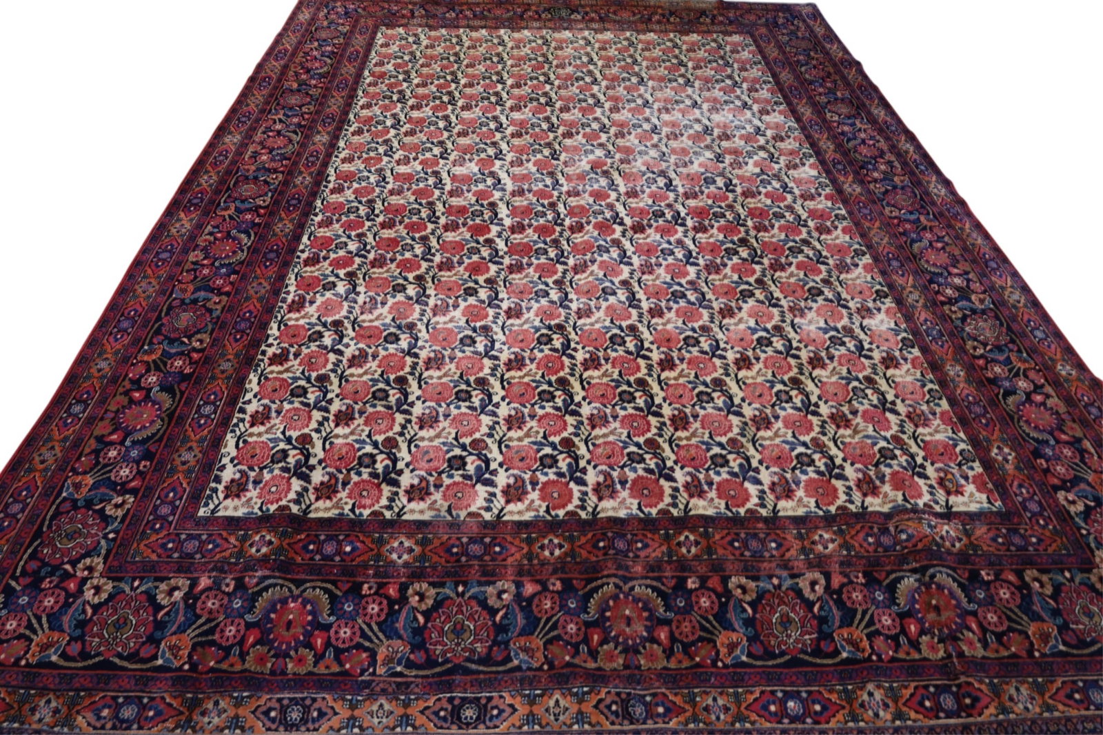 APPROX 13' 9" x 10' HANDMADE WOOL RUG: AREAS OF LOW PILE, REPAIR.