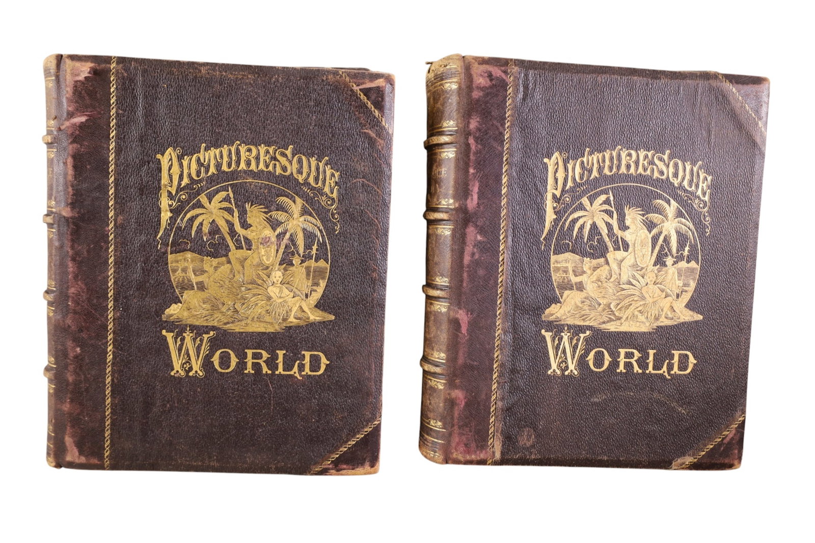 PICTURESQUE WORLD 2 VOL SET: LARGE LEATHER BOUND BOOKS, COPYRIGHT 1882 BY ESTES AND LUARIAT. WEAR TO BINDING.