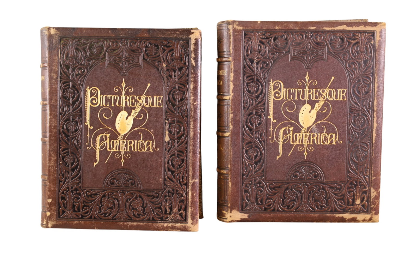 PICTURESQUE AMERICA 2 VOL SET: LARGE LEATHER BOUND BOOKS, COPYRIGHT 1874, BY D. APPLETON AND CO. WEAR TO BINDING.
