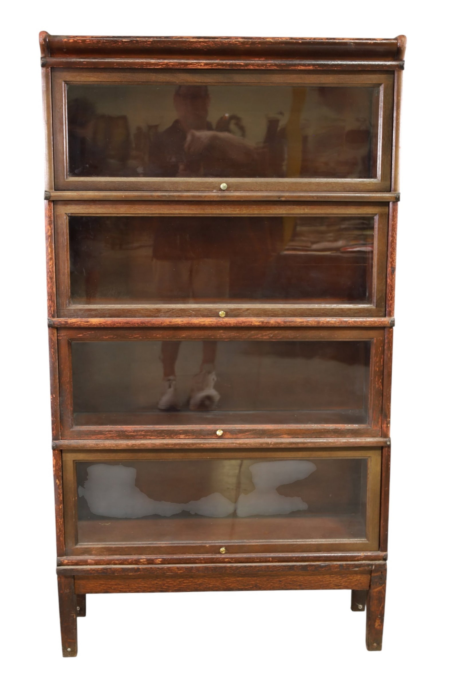 LAWYER'S STACKING BOOKCASE: 4 STACK LAWYER'S BOOKCASE, MAHOGANY. FINISH LOSS THROUGHOUT. 34" W x 12" D x 63" H. THIS ITEM EXCEEDS SIZE, WEIGHT, AND OR FRAGILITY LIMITATIONS FOR IN HOUSE SHIPPING, MUST BE PICKED UP IN HOUSE OR