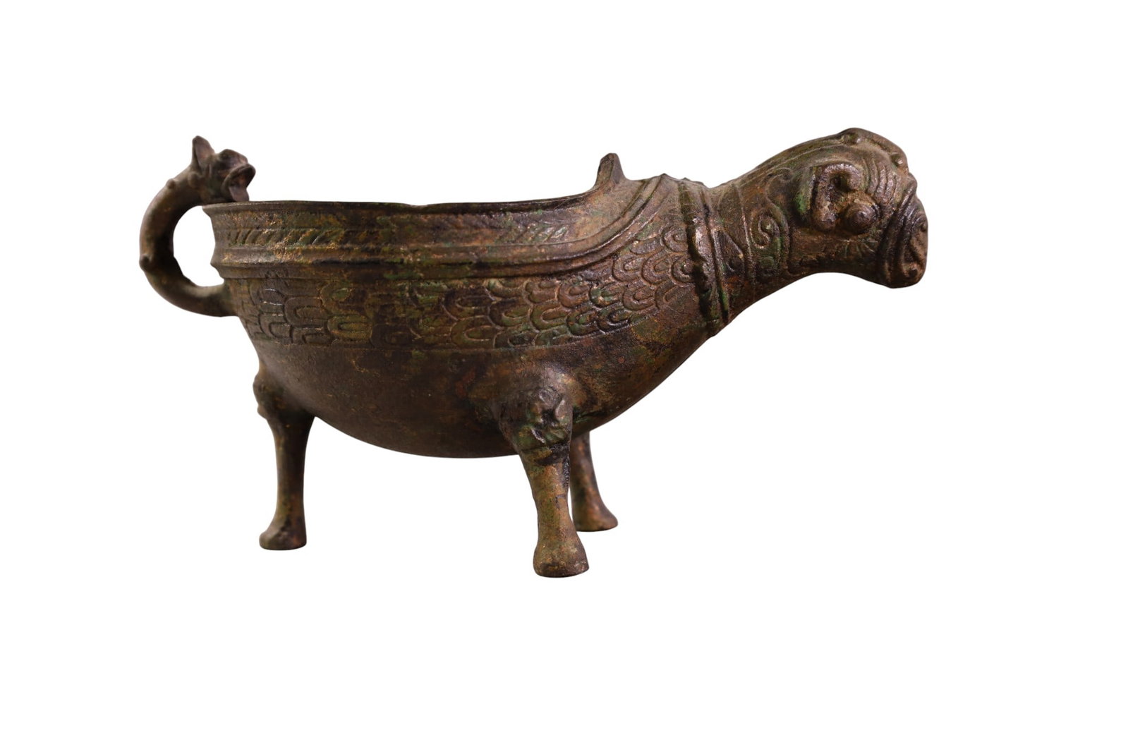 CHINESE BRONZE SENSOR: CHINESE STYLE ANIMAL FORM IRON SENSOR. 10" L.