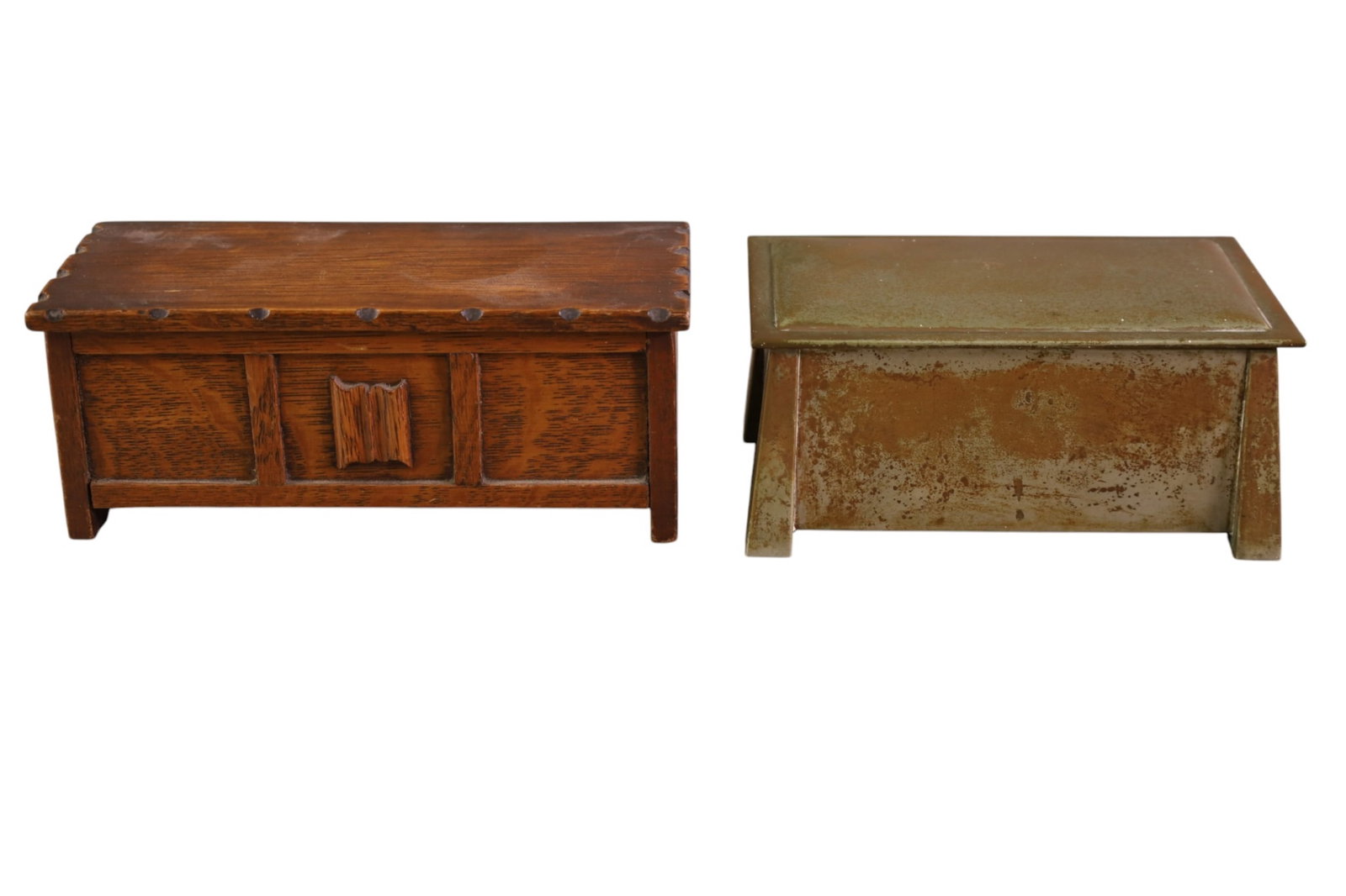 2 DRESSER BOXES: WOODEN MUSICAL DRESSER BOX & ARTS & CRAFTS FATINA NICKEL SILVER DRESSER BOX, PITTED FINISH. 5" - 7 1/2" W