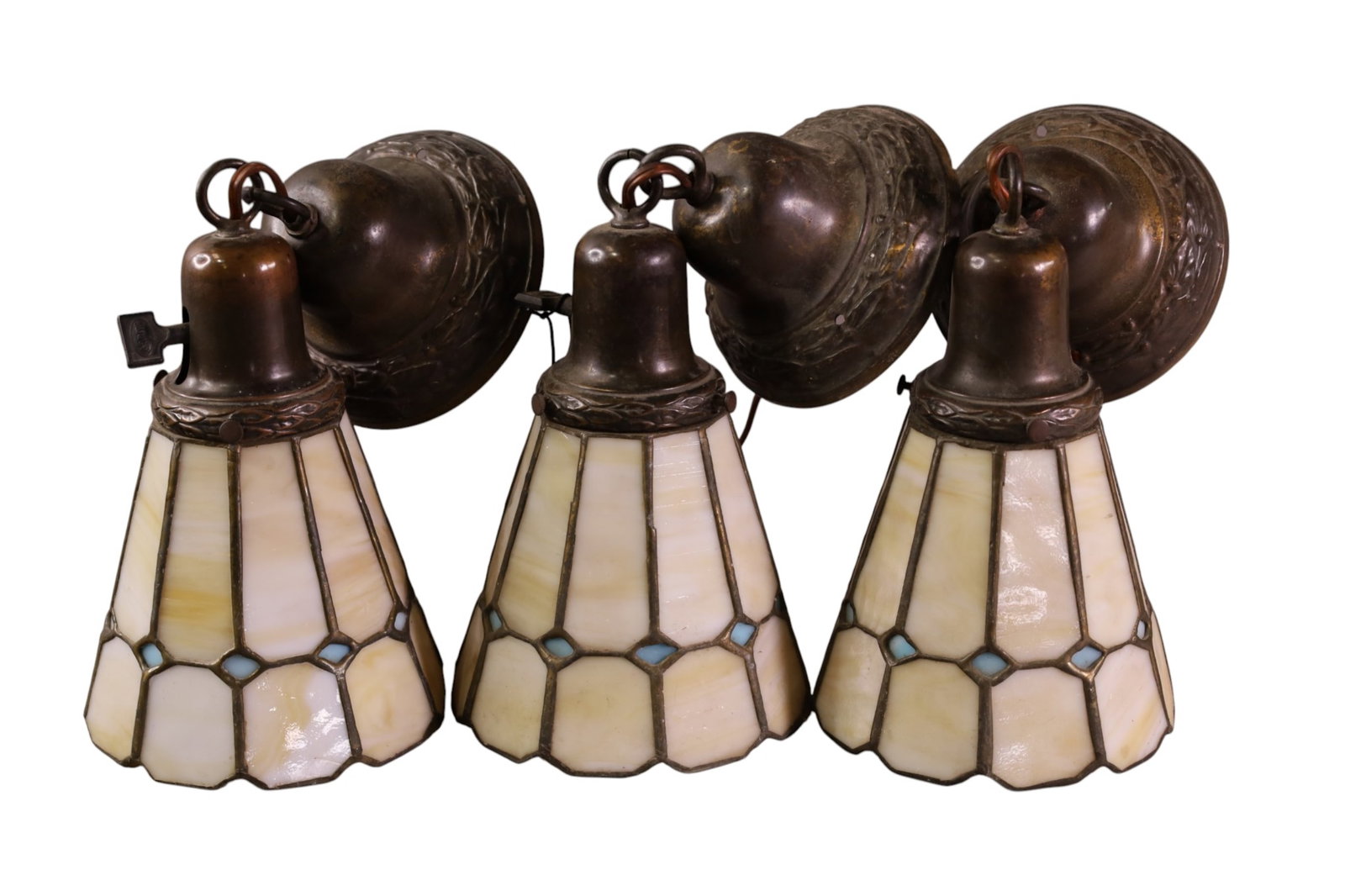 3 LEADED SLAG GLASS HALL LIGHTS: PENDANT LIGHTS, SLAG GLASS SHADES. 12" H.