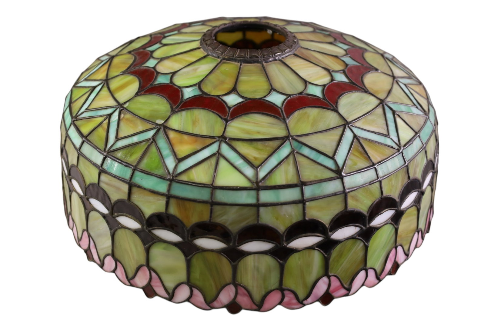 LEADED GLASS LAMP SHADE: ANTIQUE LEADED GLASS LAMP SHADE, SOME CRACKED PANELS. 18" DIAM.