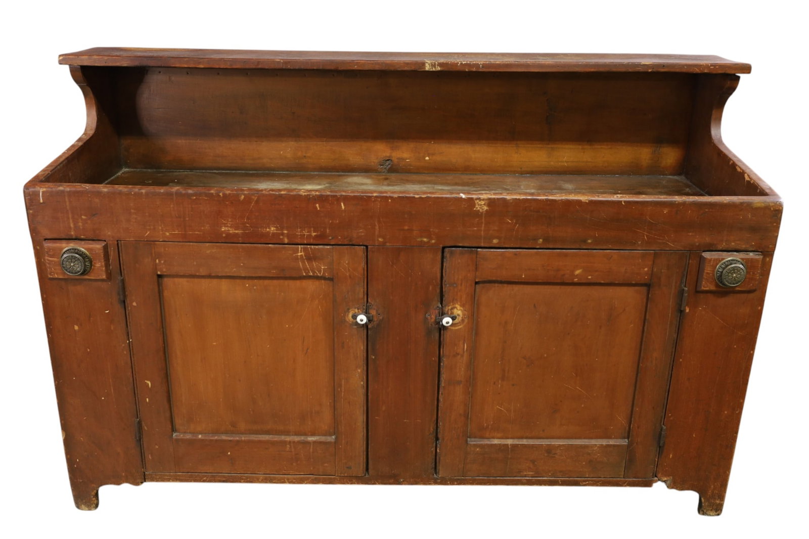 LARGE PRIMITIVE DRY SINK: LARGE PRIMITIVE DRY SINK, LOSS TO FINISH. 63" W x 20" D x 40" H.