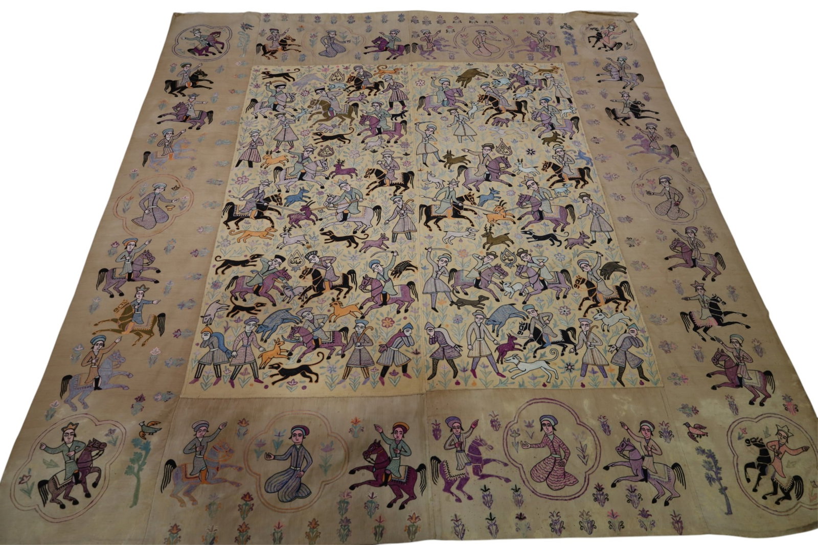 LARGE TAPESTRY: PERSIAN QAJAR SILK EMBROIDERED ON LINEN PANEL. HUNT SCENE. 87" x 90"