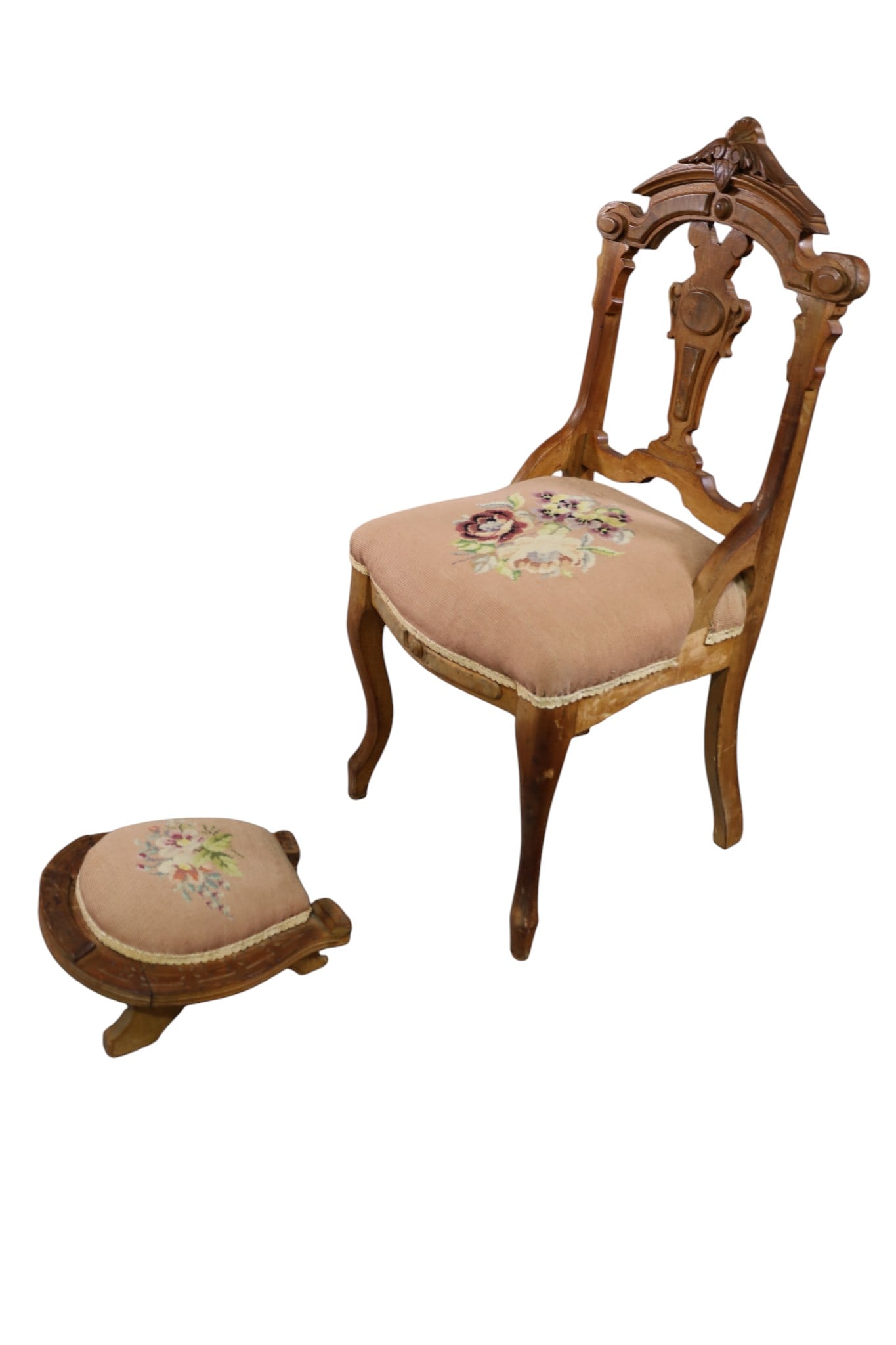VICTORIAN CHAIR & FOOTSTOOL: EASTLAKE VICTORIAN NEEDLEPOINT SIDE CHAIR WITH HORESHOE GOOD LUCK FOOTSTOOL. 18" W x 15" D x 36" H. THIS ITEM EXCEEDS SIZE, WEIGHT, AND OR FRAGILITY LIMITATIONS FOR IN HOUSE SHIPPING, MUST BE PICKED