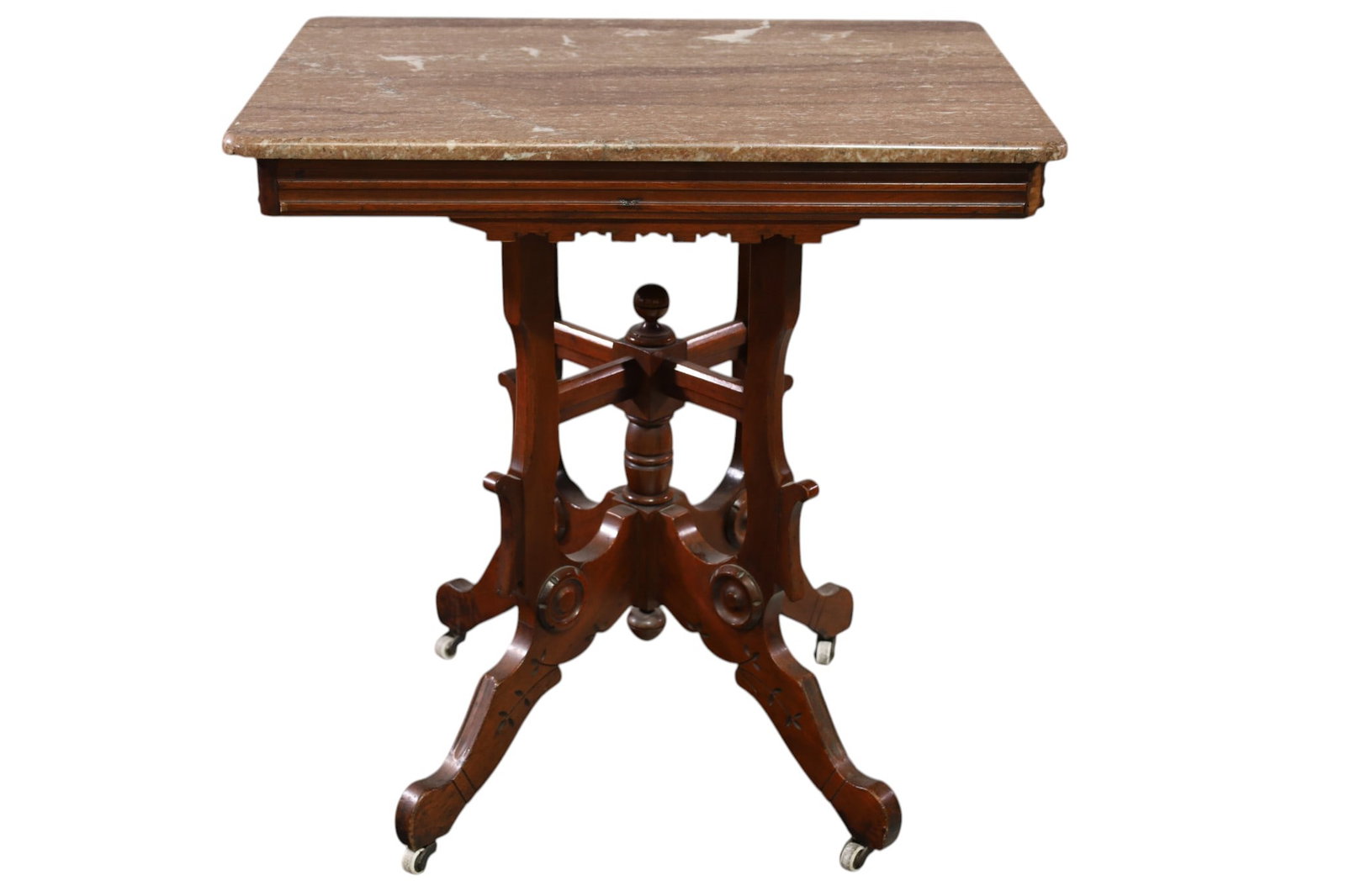 VICTORIAN PARLOR TABLE: MARBLE TOP PARLOR TABLE, 28" W x 20" D x 28 1/2" H. THIS ITEM EXCEEDS SIZE, WEIGHT, AND OR FRAGILITY LIMITATIONS FOR IN HOUSE SHIPPING, MUST BE PICKED UP IN HOUSE OR SHIPPED VIA 3RD PARTY SHIPPER.