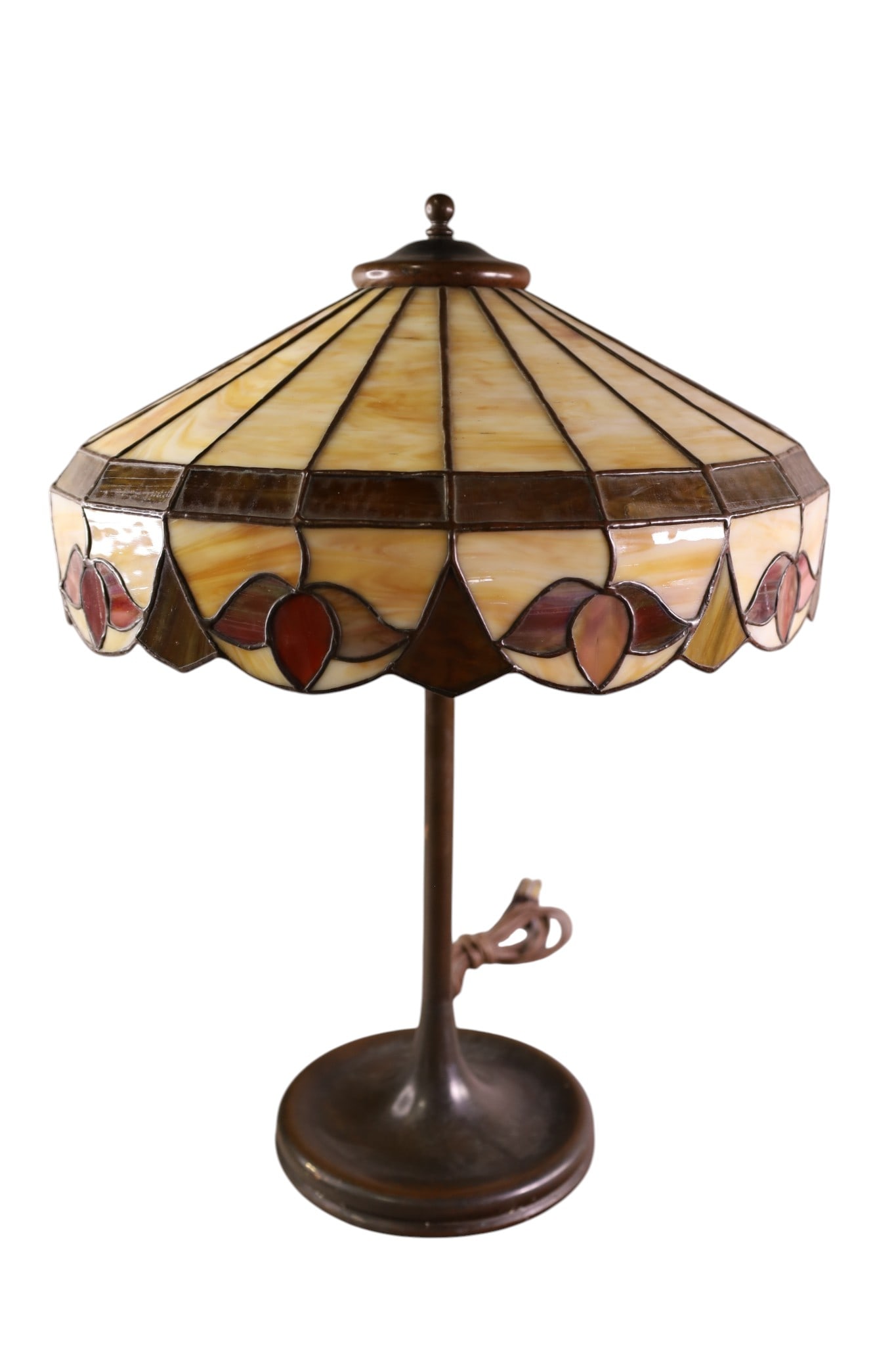 SLAG GLASS TABLE LAMP: DOUBLE SOCKET SLAG GLASS TABLE LAMP, SOME CRACKS16" DIAM x 23" H.