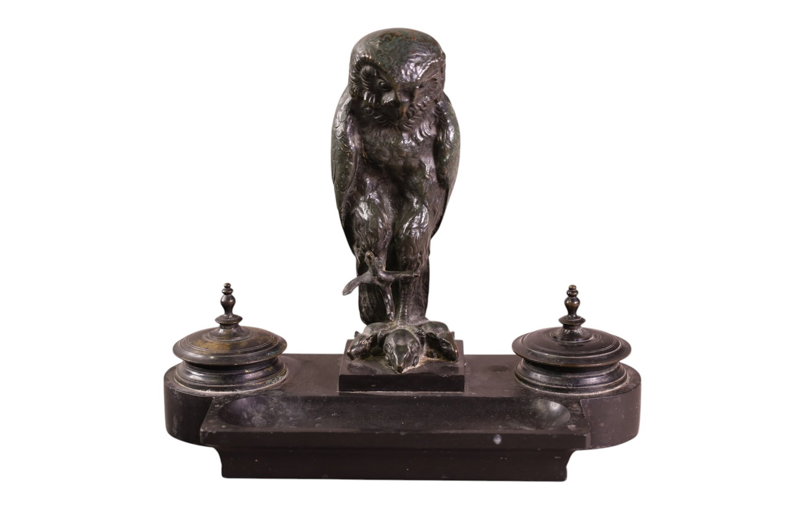 BRONZE AND MARBLE OWL INKWELL: BRONZE AND MARBLE INKWELL, MISSING INSERT. 10 1/2" W x 9"H .