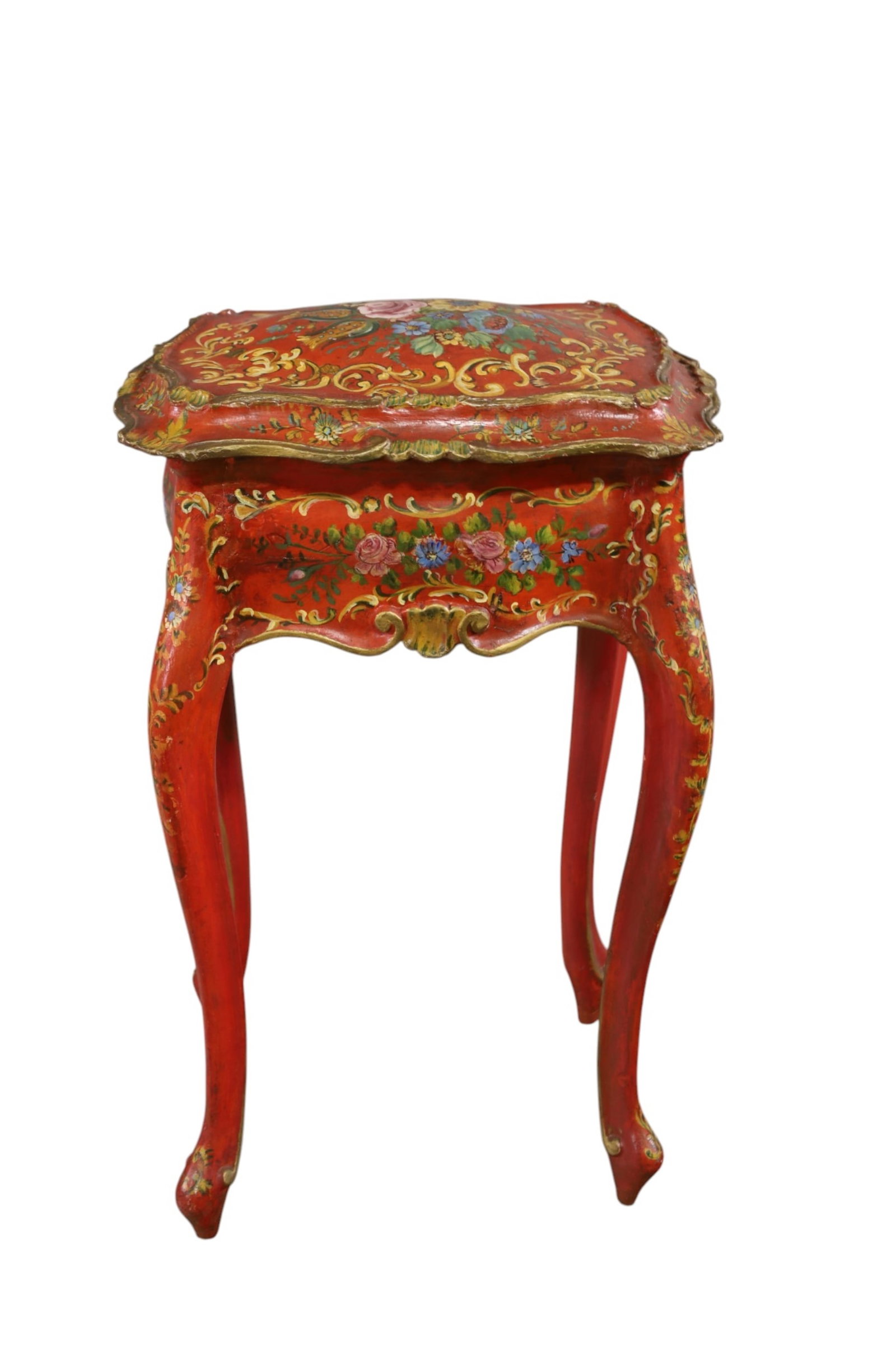 ITALIAN SEWING STAND: FLORAL DECORATED, PAINTED FINISH SEWING STAND. 18 W x 14" D x 29 1/2" H. THIS ITEM EXCEEDS SIZE, WEIGHT, AND OR FRAGILITY LIMITATIONS FOR IN HOUSE SHIPPING, MUST BE PICKED UP IN HOUSE OR SHIPPED VIA