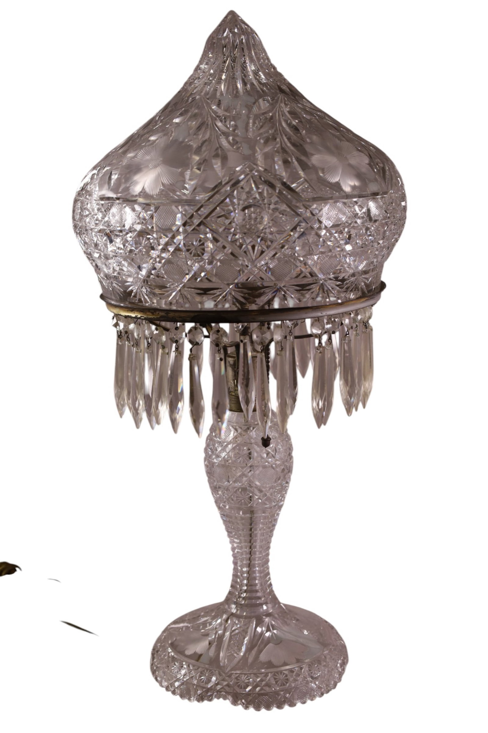 LARGE CUT GLASS TABLE LAMP: DOUBLE SOCKET, CUT GLASS TABLE LAMP. 25" H.