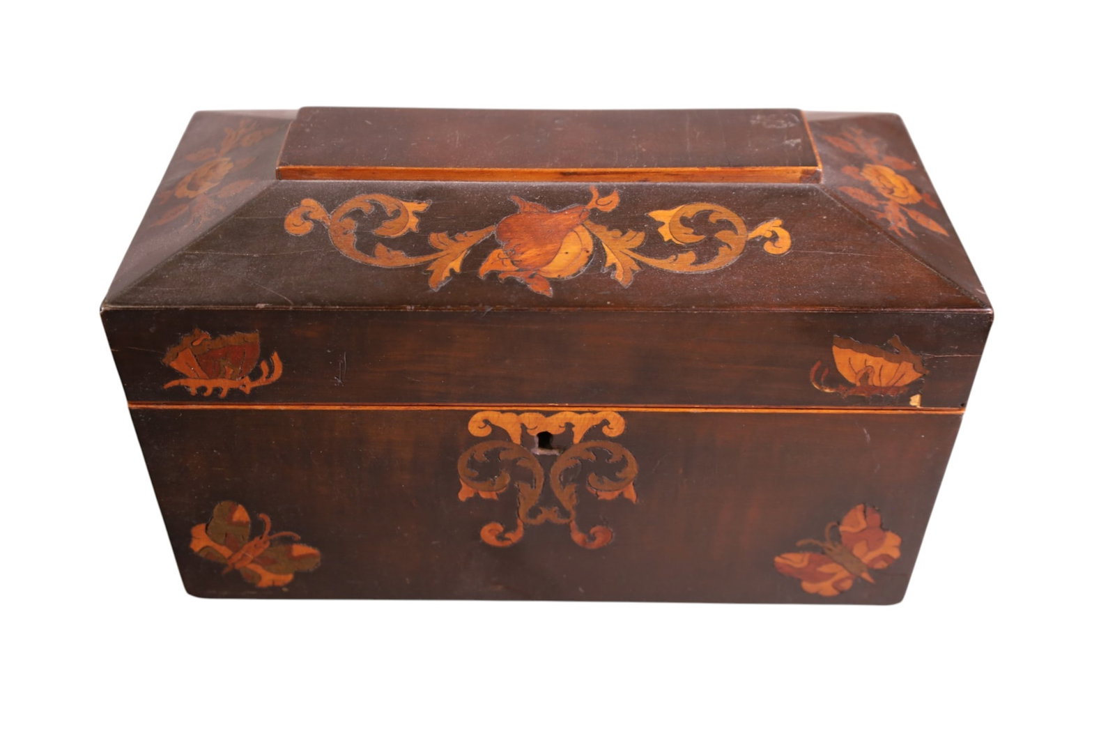 1800'S ENGLISH TEA CADDY: BUTTERFLY INLAY. MISSING JAR ON INTERIOR. 12" W x 6" H.