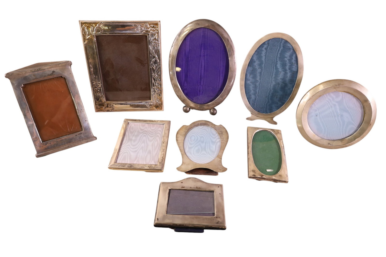 GROUP OF STERLING PICTURE FRAMES: 9 STERLING PICTURE FRAMES, 3 1/2" - 8" W.
