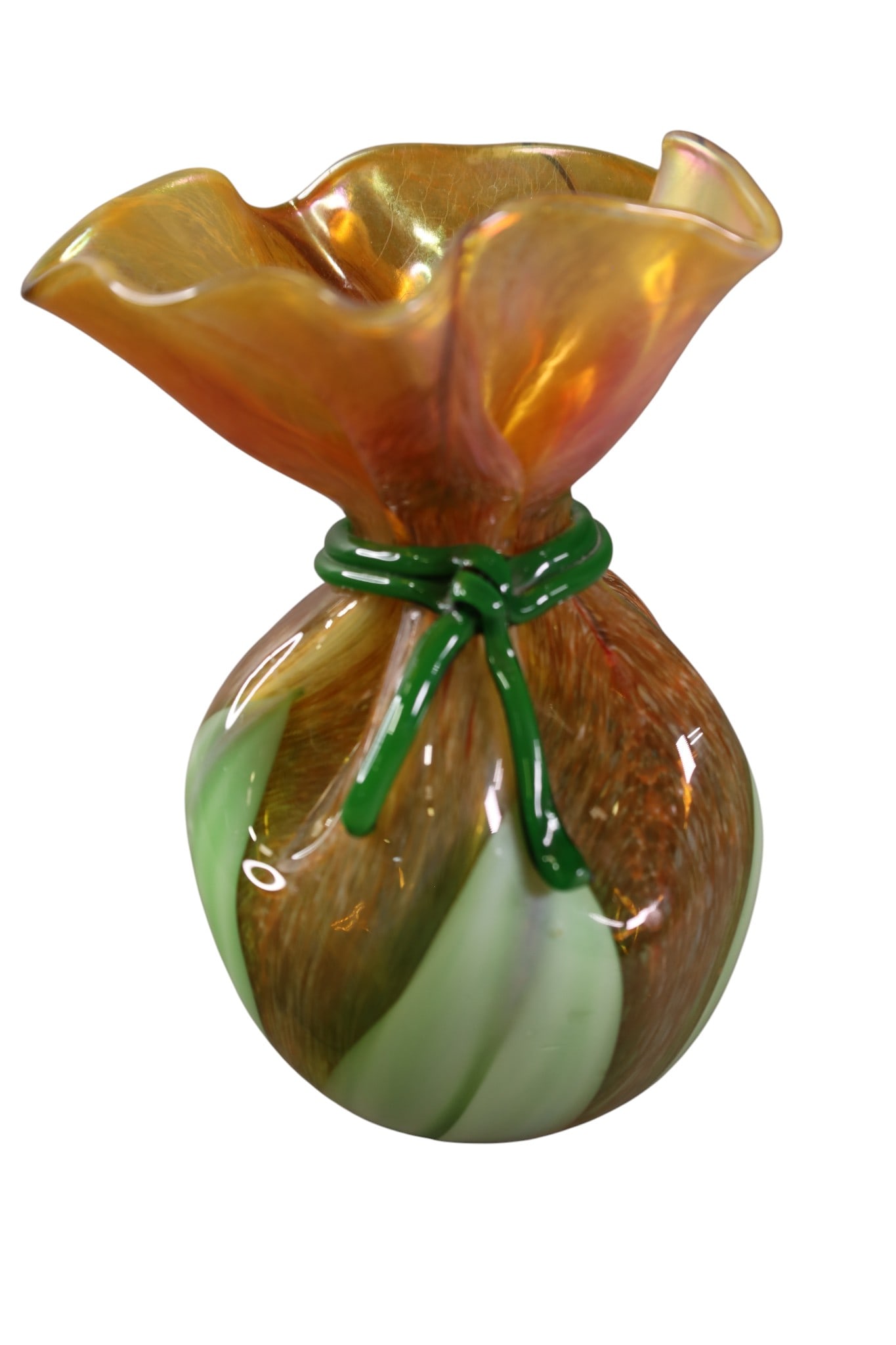 ORIENT & FLUME ART GLASS VASE: LARGE ORIENT AND FLUME ART GLASS VASE, ARTIST SIGNED SMALL HOUSE. 8" H.