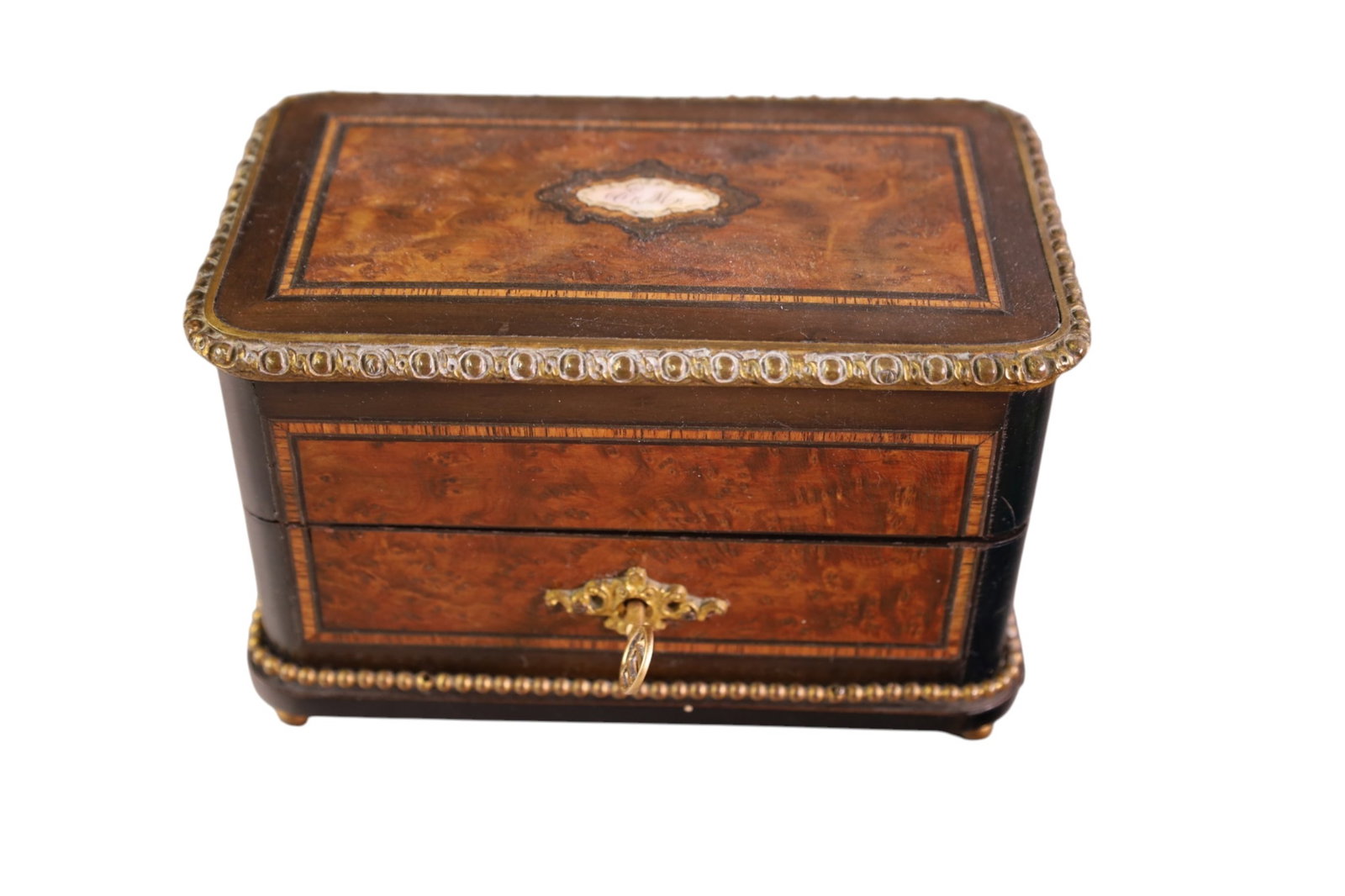 1800'S FRENCH PERFUME CASKET: BURLED, INLAID PERFUME CASKET, TWO BOTTLES. WITH KEY. CHIP TO ONE BOTTLE. 6 1/2" x 4" x 4"