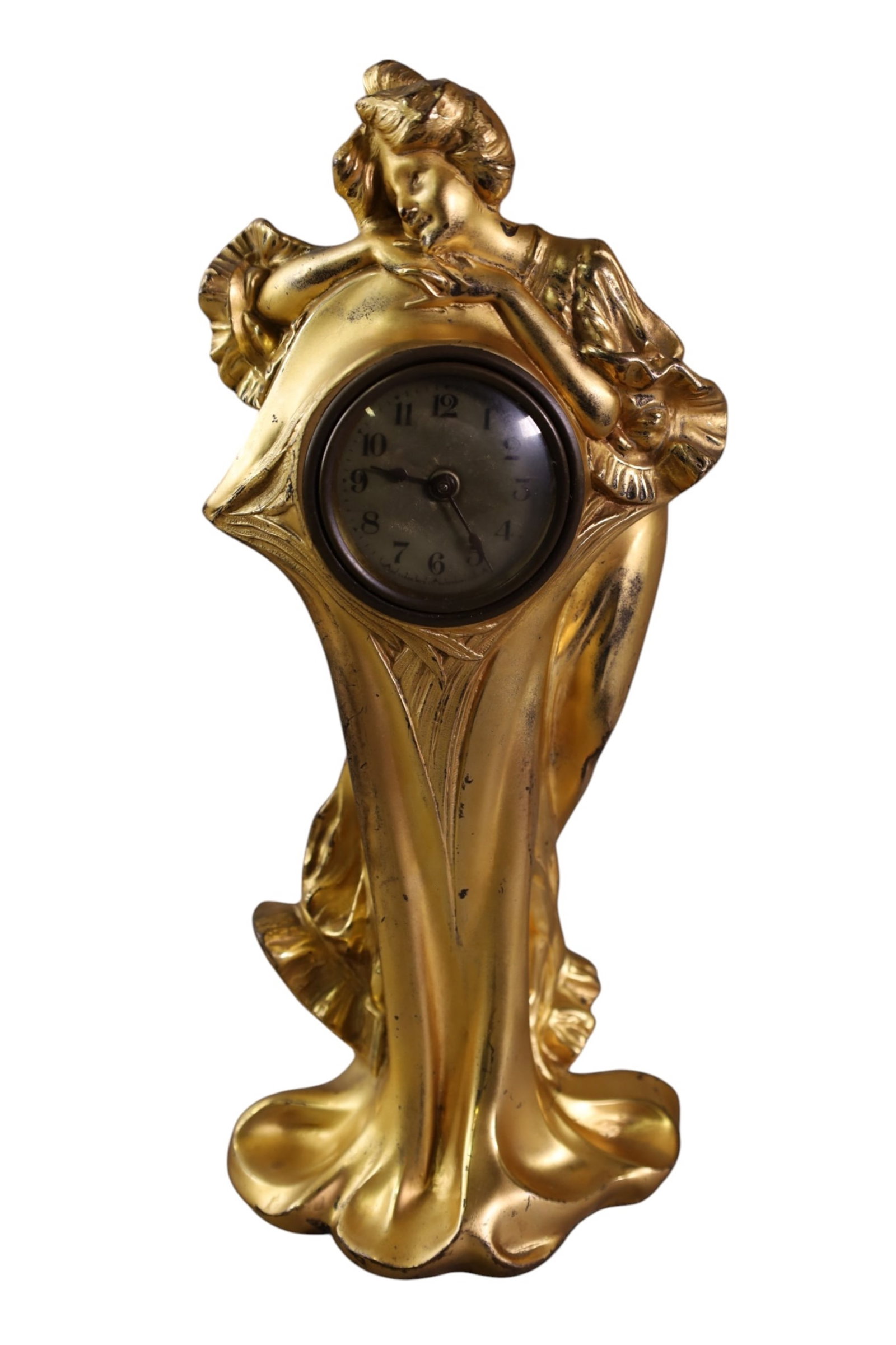 ART NOUVEAU SHELF CLOCK: LUX ART NOUVEAU FIGURAL SHELF CLOCK, WEAR TO FINISH, ALL CLOCKS ARE SOLD AS IS WE DO NOT GUARANTEE WORKING ORDER. 11" H. 5