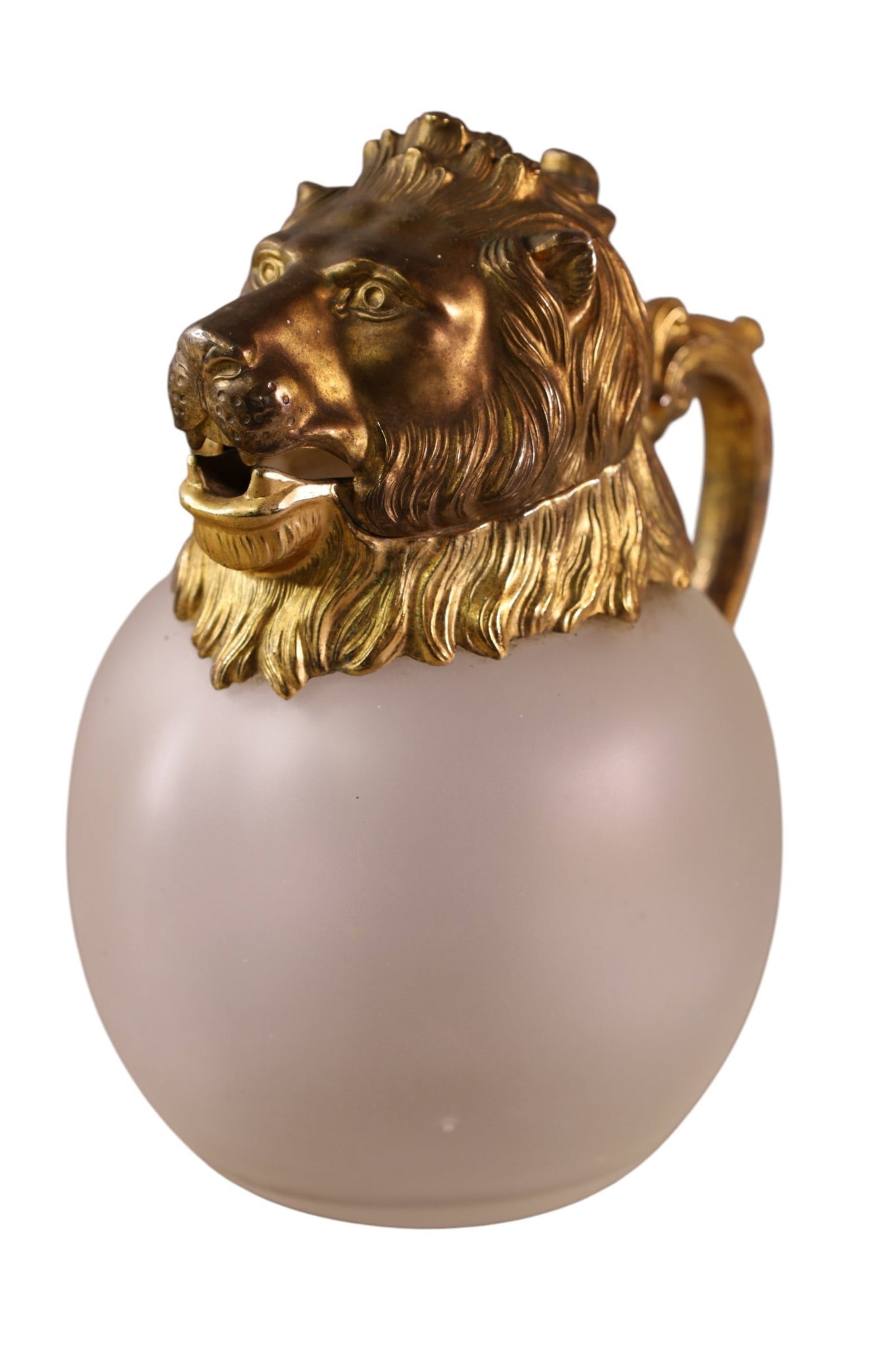 LION HEAD PITCHER: GOLD GILT, FROSTED GLASS LION HEAD PITCHER, 8" H.