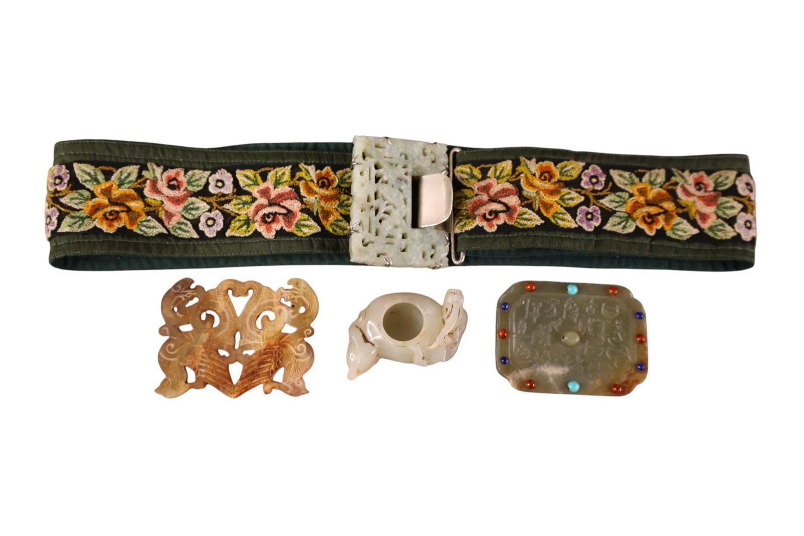 GROUP OF JADE: HARRY FIRESIDE NEEDLEPOINT BELT WITH JADE BUCKLE, SMALL JADE TRAY, MEDALLION, & INKWELL. 2 1/2" - 3" W