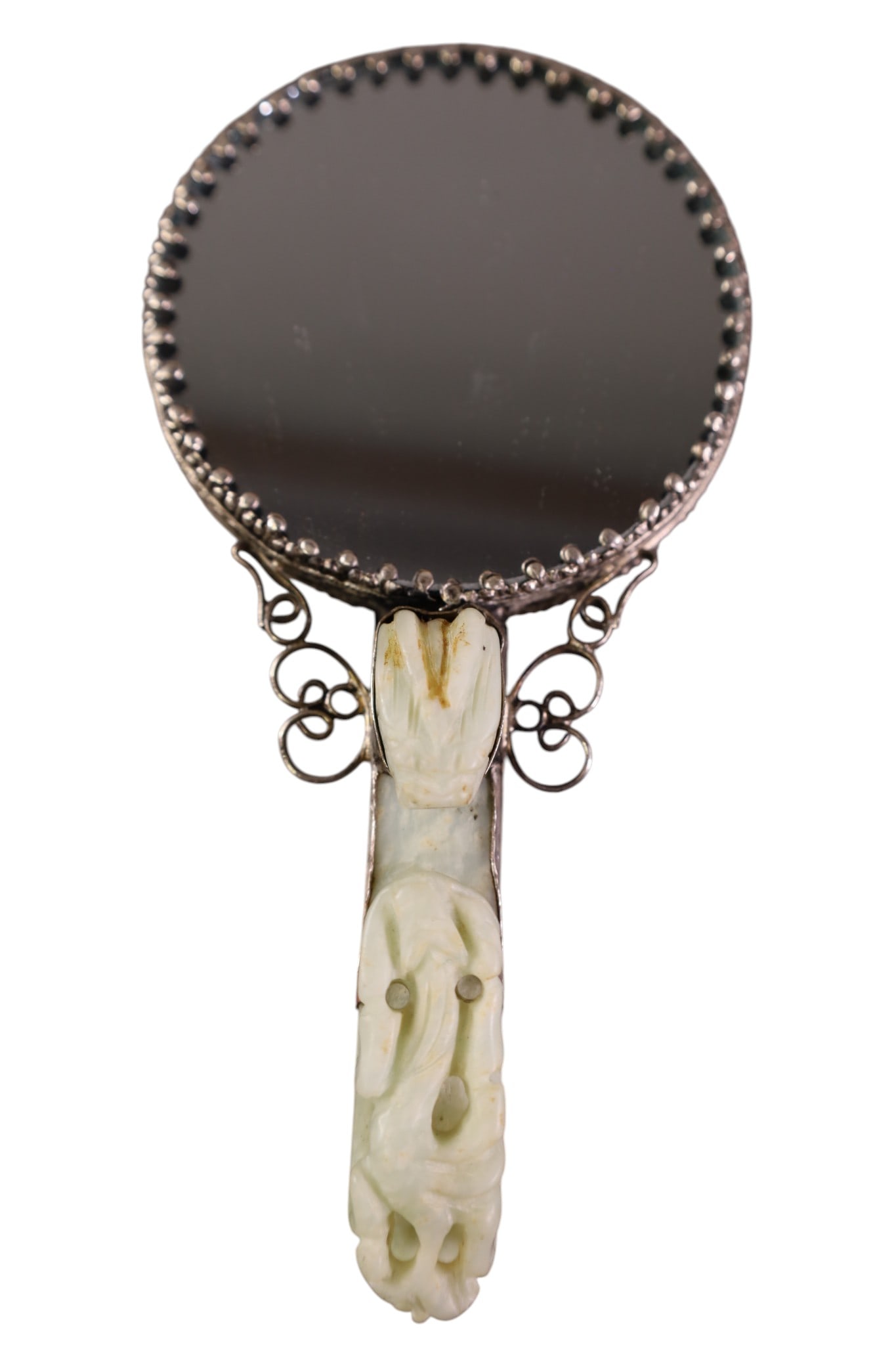 CHINESE HAND MIRROR: SILVERED AND JEWELED WITH TURQUOISE, 6" L.