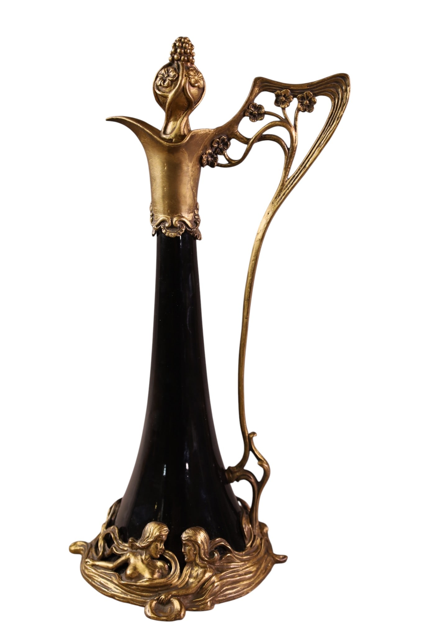 ART NOUVEAU EWER: ORNATE BRASS AND PORCELAIN ART NOUVEAU EWER, 13" H