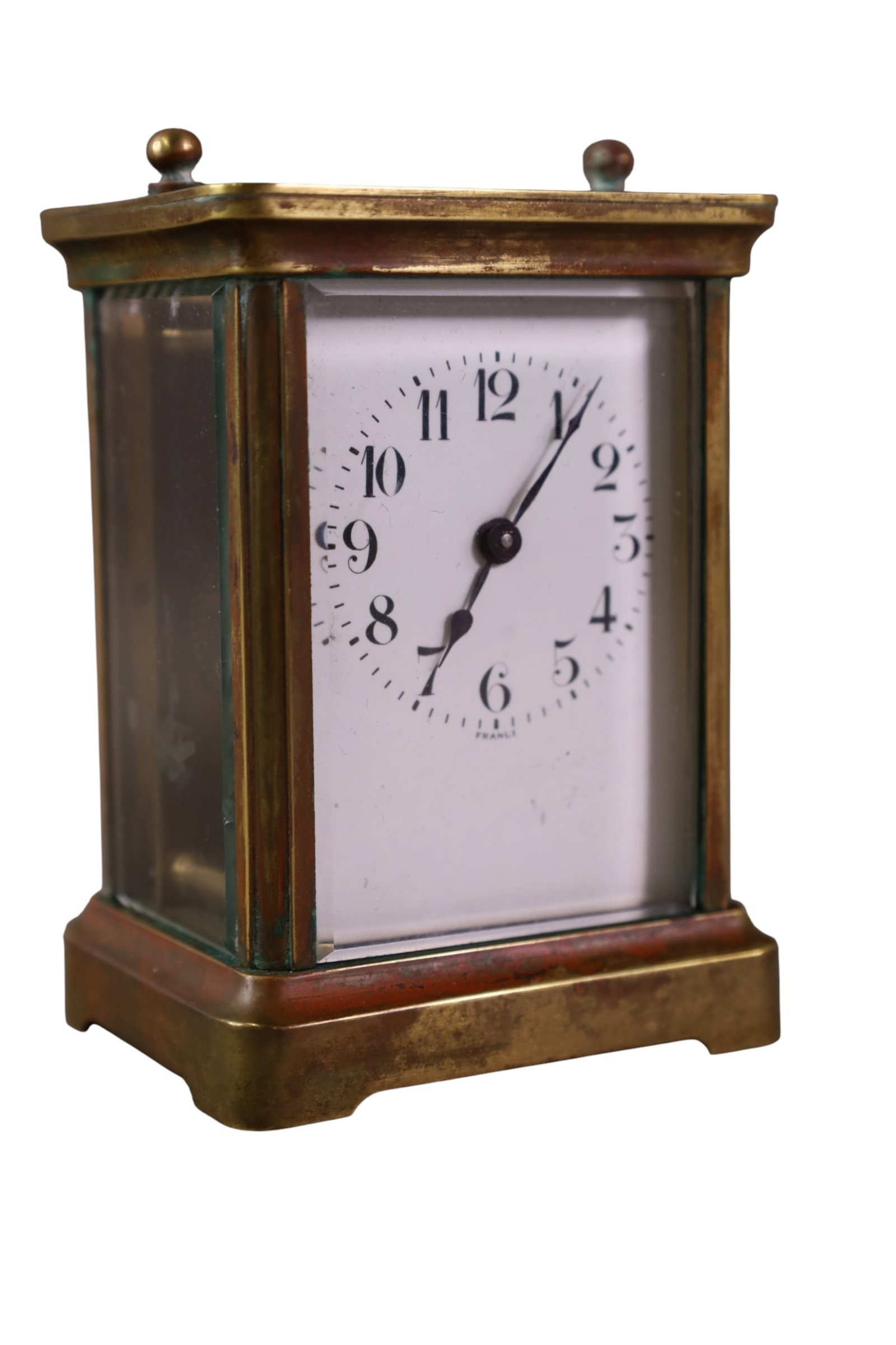 FRENCH CARRIAGE CLOCK: SMALL FRENCH CARRIAGE CLOCK, LOSS TO FINISH. MISSING HANDLE 4 1/2" H.