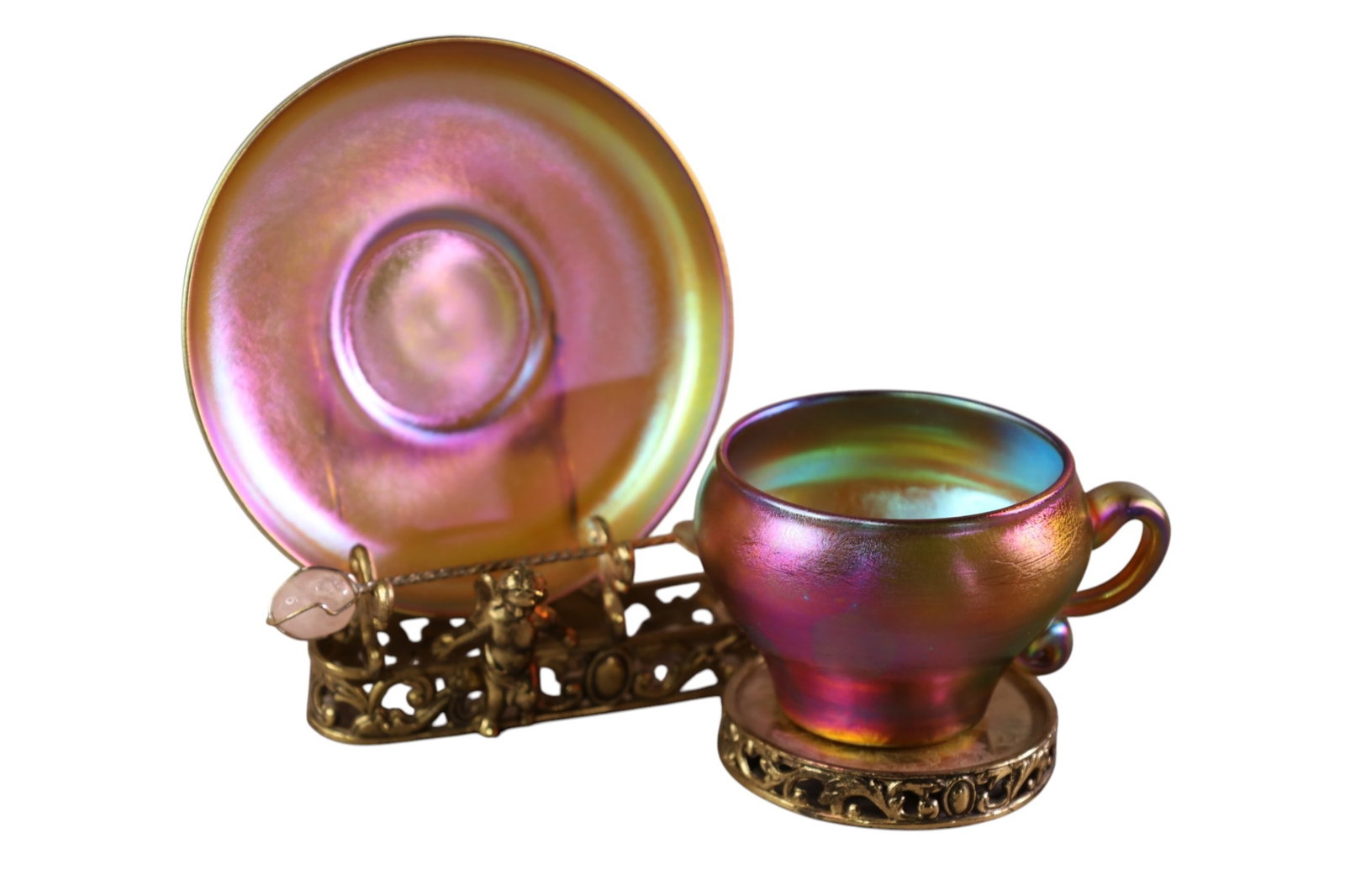 ART GLASS CUP & SAUCER: QUEZAL ART GLASS CUP AND SAUCER. SAUCER 4 1/2" DIAM