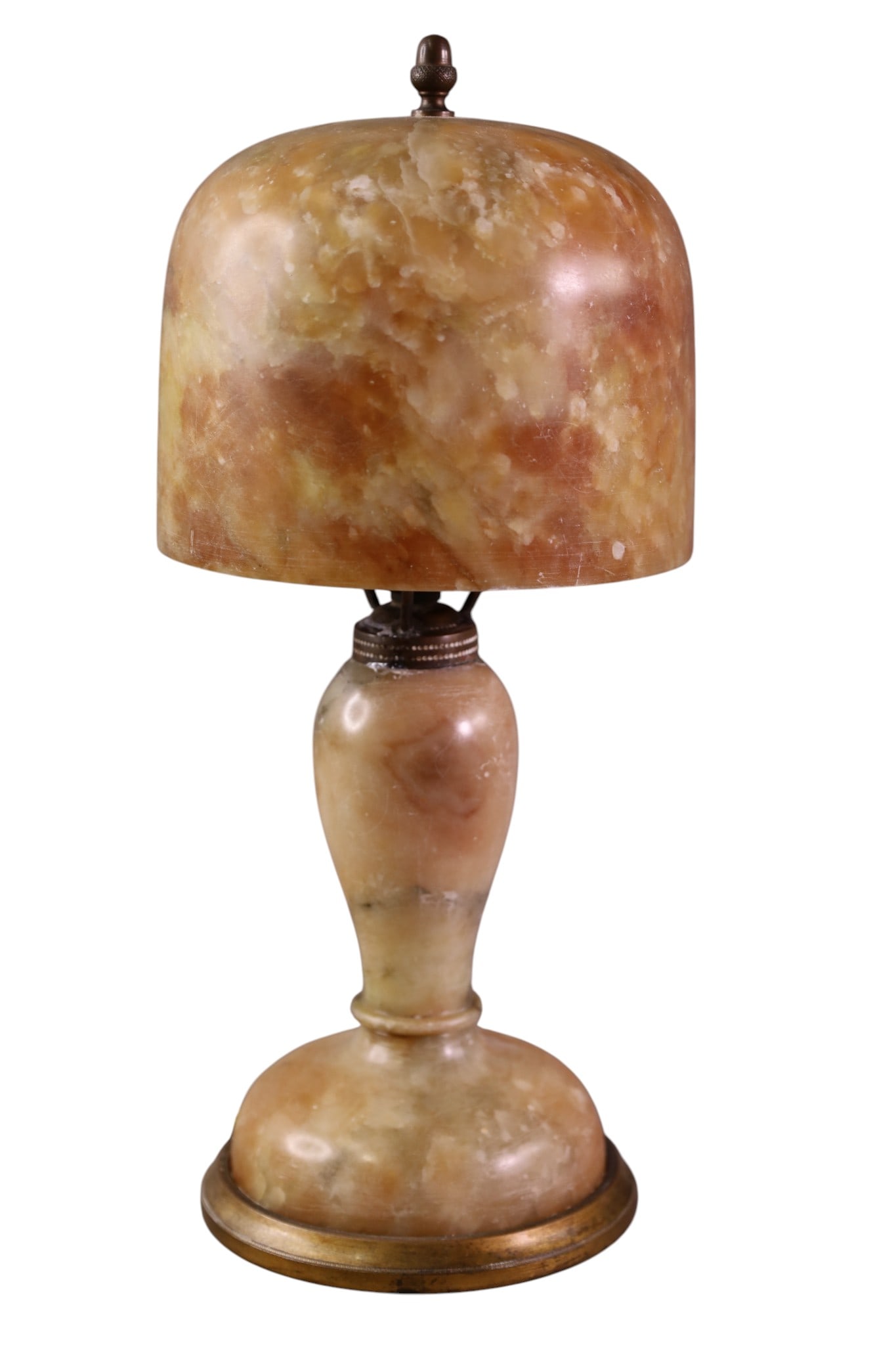 ALABASTER BOUDOIR LAMP: EUROPEAN, ALABASTER BOUDOIR LAMP, REPAIR TO BASE AND SHADE BRACKET. 12" H/
